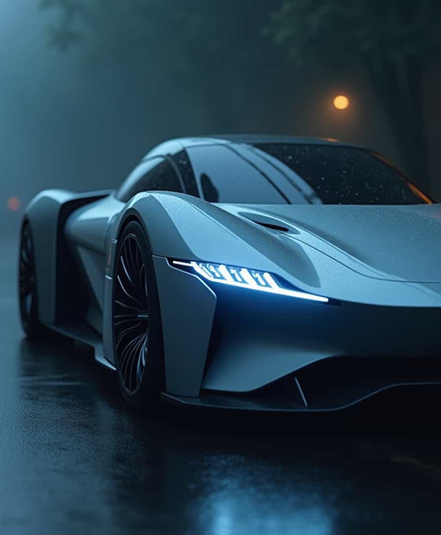 a highly detailed, cinematic photograph of a futuristic, high-tech, modern car, set against a dark, misty background, with subtle, atmospheric lighting, and a shallow depth of field, emphasizing the vehicle's sleek, aerodynamic contours and cutting-edge design elements, featuring razor-sharp LED headlights that emit a piercing blue-white glow, meticulously rendered in 4K photo realism, with precise attention to every aspect of the car's exterior, from the intricate patterns on the forged alloy wheels to the barely perceptible seams and creases on the metallic surfaces, showcasing the photographer's mastery of lighting, composition, and texture, capturing the essence of speed, innovation, and luxury.