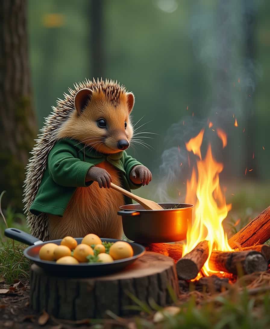 An outdoor woodland scene of the hedgehog chef cooking over a campfire beside a tree stump table. The hedgehog stirs a bubbling pot with a wooden spoon while a skillet filled with golden mushrooms and herbs simmers nearby. The glow of the fire lights up the chef's green jacket and creates a warm, inviting atmosphere.