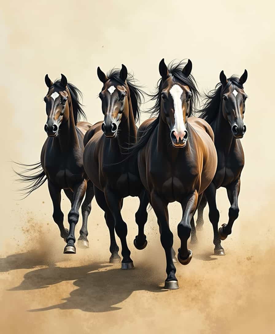 Abstract painting, a painting depicting a group of horses running, in the style of light black and beige, maranao art, rusticcore, exaggerated poses, distinctive noses, outdoor art, ink painting