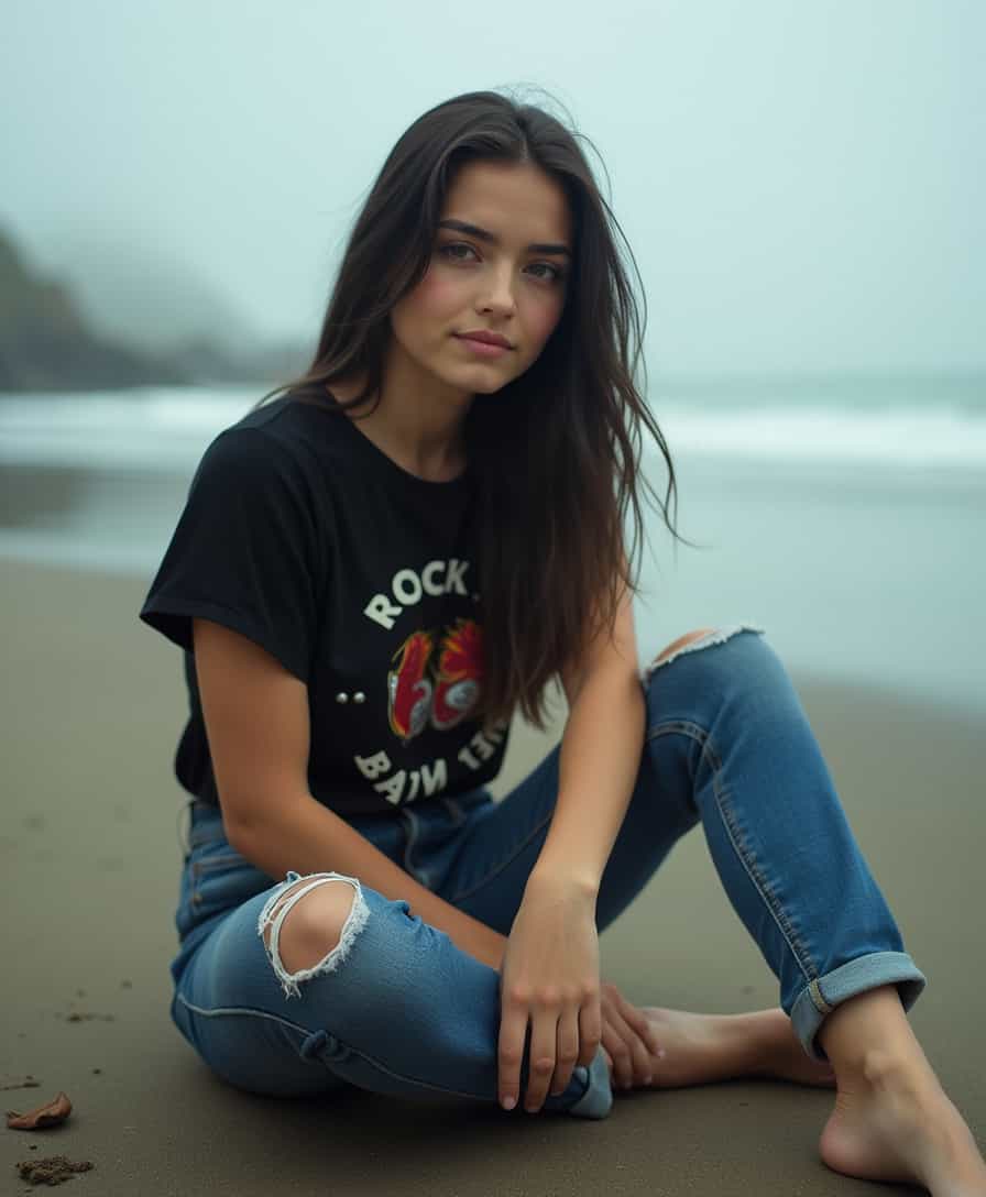 Professional photograph of a young woman with dark hair and refined features, sitting on a foggy beach wearing short jeans, barefoot, and a rock band t-shirt. Warm autumnal colors, dramatic lighting, soft contrast, and a slightly dark, cozy atmosphere. Photo aims for an unusual, original fine art style, reminiscent of Associated Press editorial photography