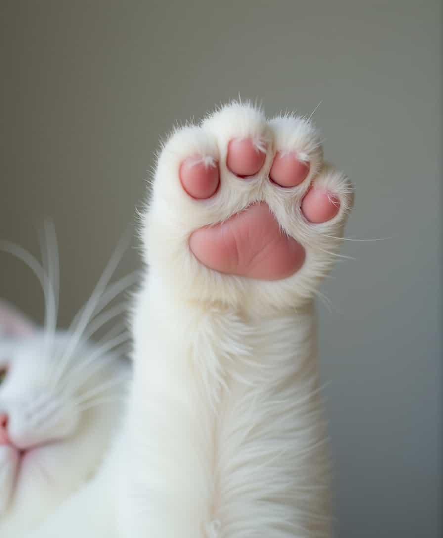 The image is a close-up photograph focusing on the cat’s paw. The paw is raised, showing off the soft pink pads and white fluffy fur. The background is blurred, creating a bokeh effect that emphasizes the paw as the central object. The lighting is soft and natural, highlighting the texture of the fur and the smoothness of the pads. The overall composition is simple and minimalist, with the paw slightly off-center, adding a dynamic element to the image. The colors are muted, with the white fur contrasting softly with the pink pads and neutral tones of the background.