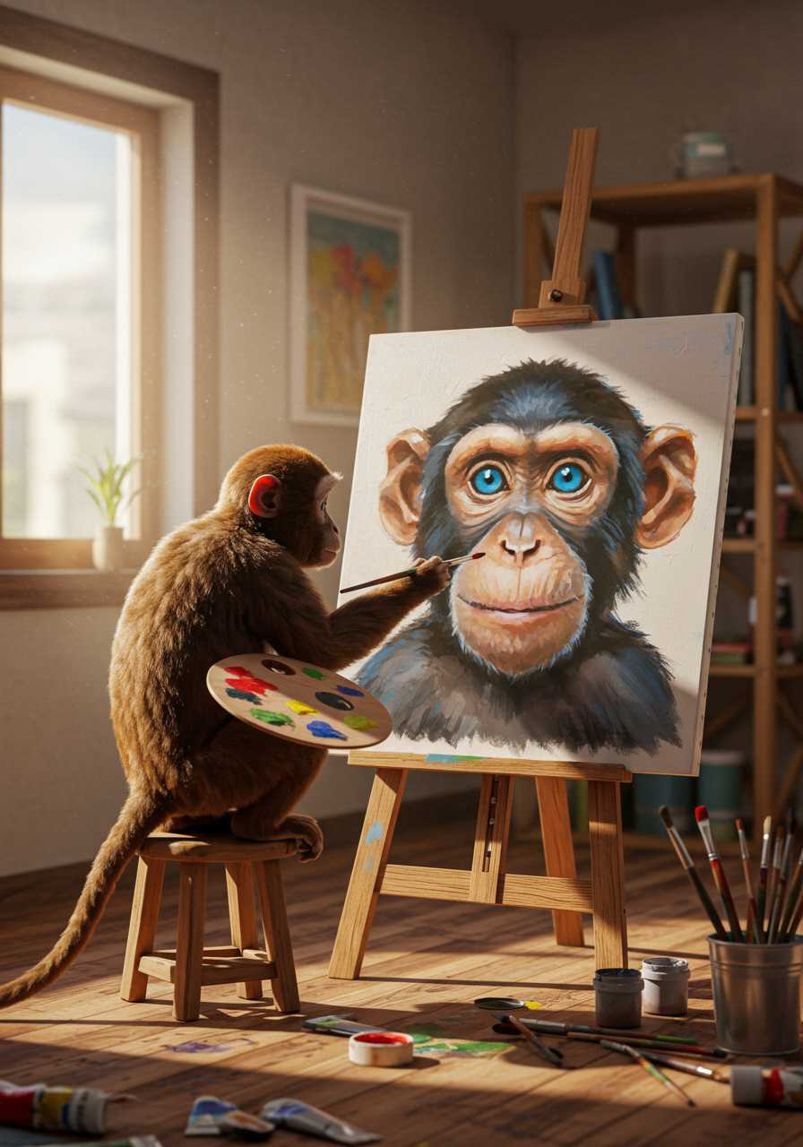 A monkey is painting a monkey on a canvas in room 
