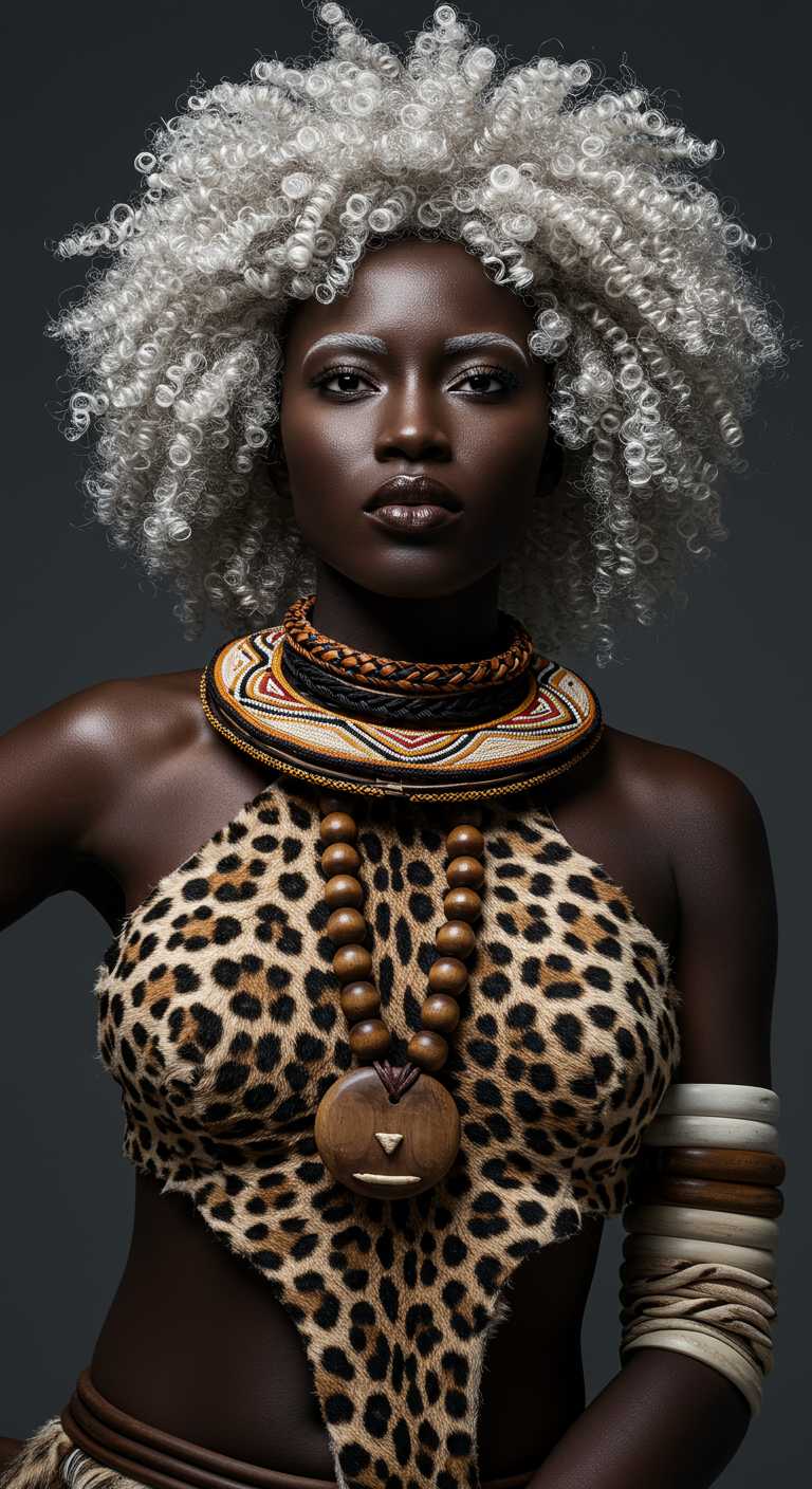 Imagine a black melanin South African ROYAL Zulu Goddess wearing leopard skin and wooden beads with very tight curly white hair in a 8k resolution photorealistic cinematic image plain grey background 