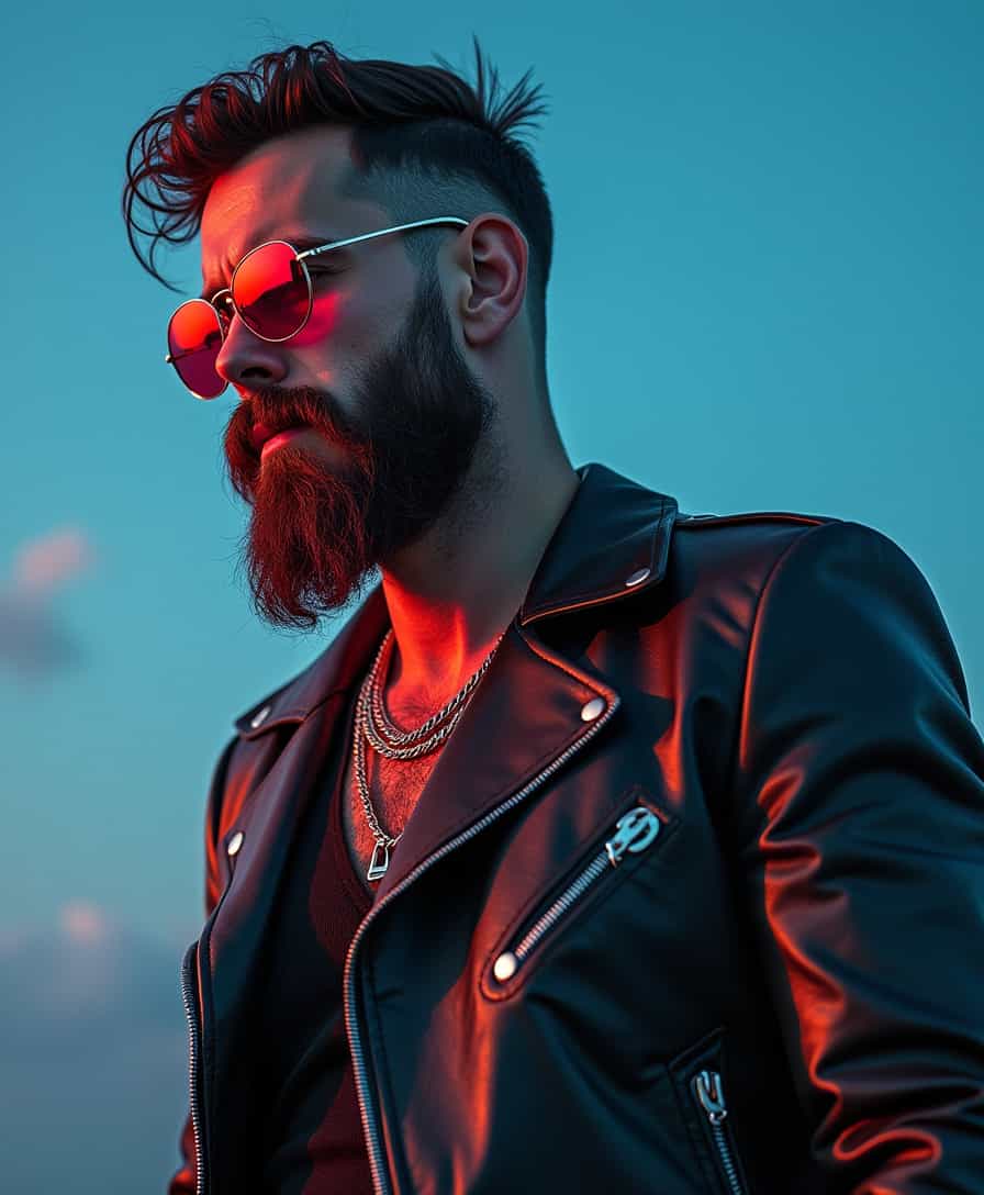 crie um Rockeiro  , homem , de corpo inteiro , voando , forte , pose de costas metade do rosto de lado , barba longa , cabelos cumpridos , cabelos pretos , barba preta ,  roupa de motoqueiro anos 80 , com oculos escuros lentes vermelhas , roupa preta com detalhes prata , olhar confiante , forte , musculoso , voando num céu azul, photography, Neon lights, Unity, Horror scene 