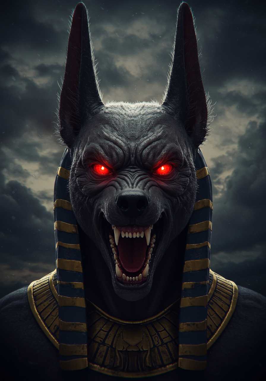 Angry anubis with scary face and res eyes