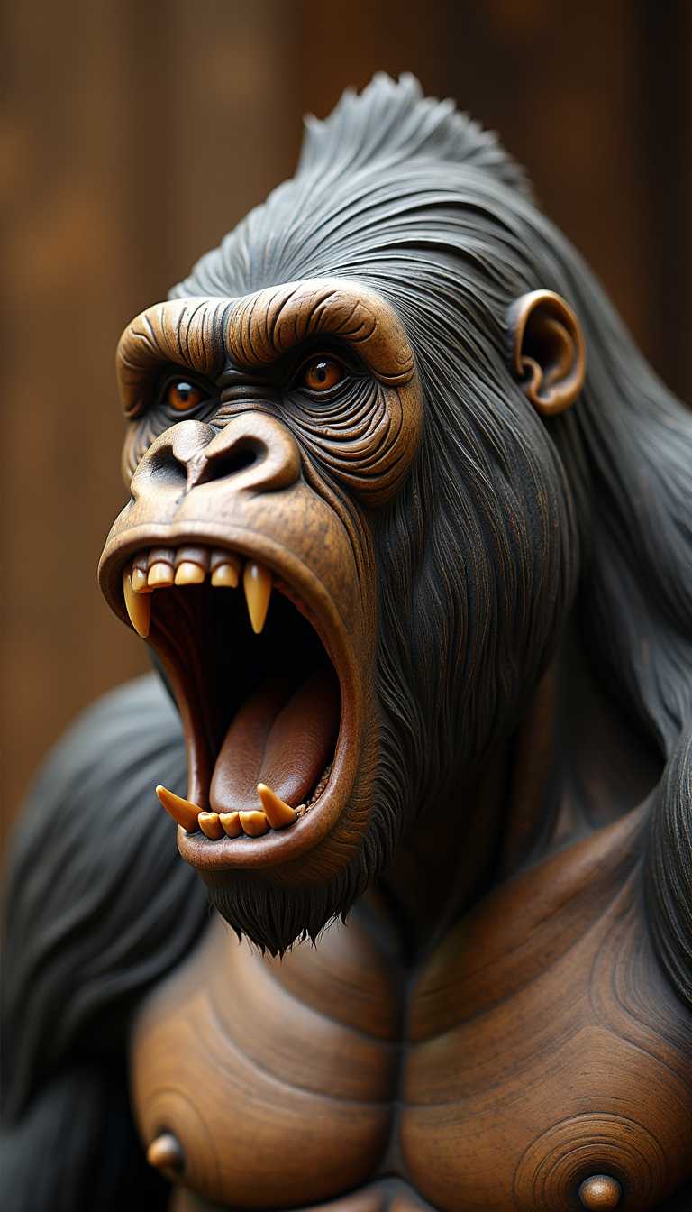 Screaming gorilla. Mouth wide open. Wood carving. Zoomed in on head. Head is carved in a brunch of wood. Smooth transition from wood to face. Carving is a simple whittle without too many details 