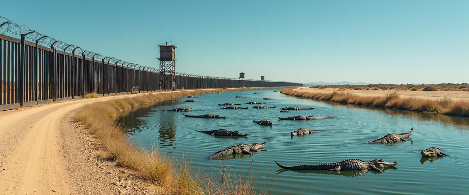 This image depicts a long, linear structure that resembles a border fence. The fence is made of vertical metal slats, topped with (barbed wire:2.3) and watchtowers. The slats are painted a dark, almost black color, with some rust, while the barbed wire is a lighter, silvergray. The tall watchtowers built on stilts like WWII style are constructed of a similar dark material and are positioned at regular intervals along the fence. In the foreground, there is a large body of water, a moat along the fence line, which is filled with numerous crocodiles. The crocodiles are of various sizes and are spread throughout the water, some swimming and others resting on the surface. The water has a murky greenish blue color, which suggests that it might be a saltwater or brackish water body.The background of the image is a flat, barren landscape with sparse vegetation, likely a desert or a dry savannah. The sky is clear and a deep blue, indicating fair weather. The lighting in the image is bright and natural, with shadows cast by the fence and the crocodiles, suggesting that the photo was taken during the day. The art style of the image is realistic with a touch of surrealism, as the presence of crocodiles in such a confined space is not a common occurrence. The medium appears to be a digital photograph, given the clarity and sharpness of the details. Overall, the image conveys a sense of isolation, danger, and the juxtaposition of wildlife and human made structures. Dirt roadway along the fenceline. The moat is surrounded by barbed wire fencing and a dock for Customs officers to work from attached to the border fence.