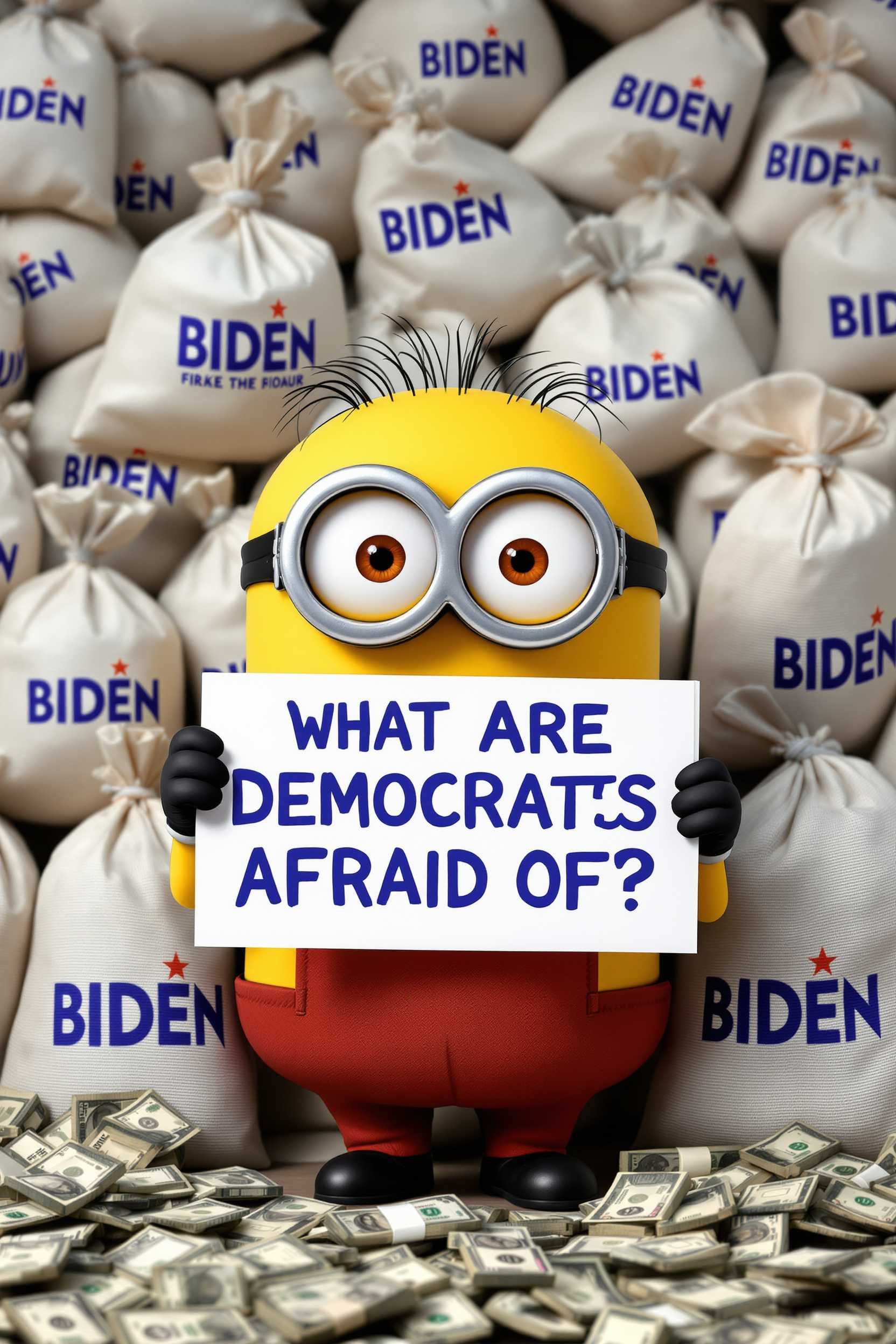 Create a photo of a minion holding a sign that reads "WHAT ARE DEMOCRATS AFRAID OF?" background bags, and bags of money with the logo "BIDEN" on them
