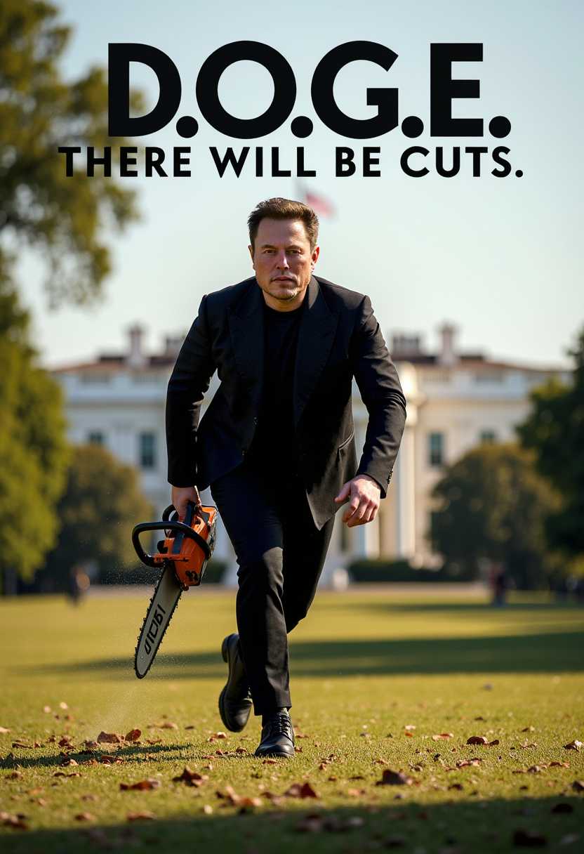 a poster of MUSK, a man MUSK is running towards the viewer carrying a chainsaw in his hands, wearing a black suit, background the White House. Sunny day.

Text of top of poster reads "D.O.G.E. There will be cuts" 