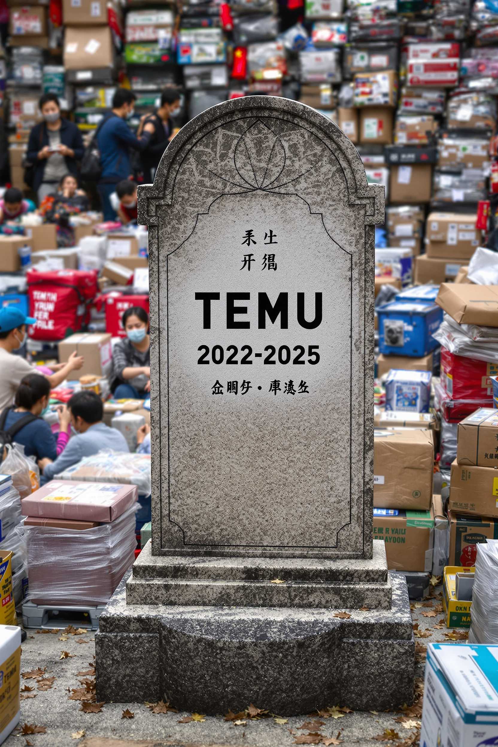 Create a photo of a  short Tombstone with text on it that reads "TEMU 2022 - 2025" also some chinese letters.. surrounded by a bunch of chinese people and massive amounts of parcels