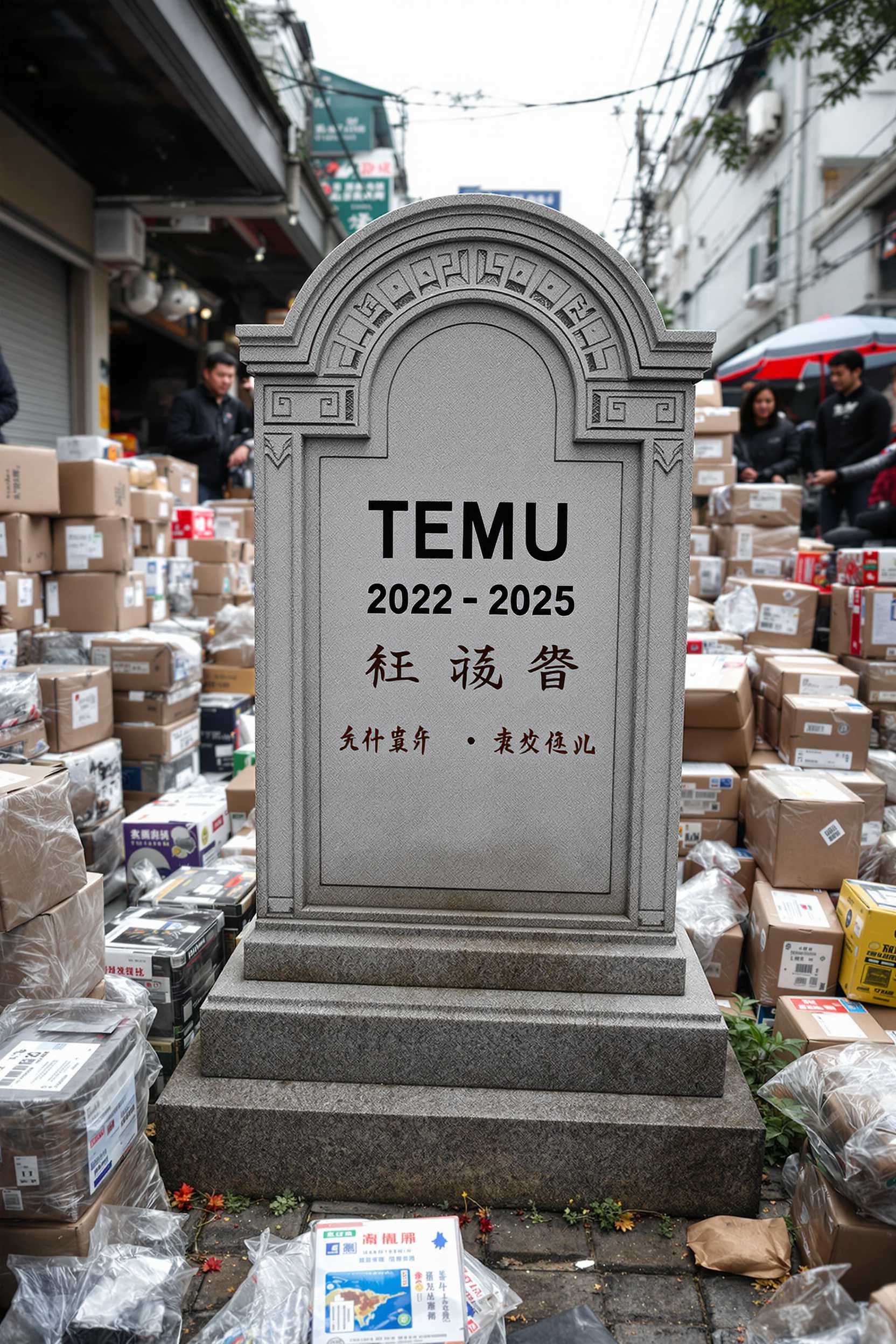 Create a photo of a  short Tombstone with text on it that reads "TEMU 2022 - 2025" also some chinese letters.. surrounded by a bunch of chinese people and massive amounts of parcels