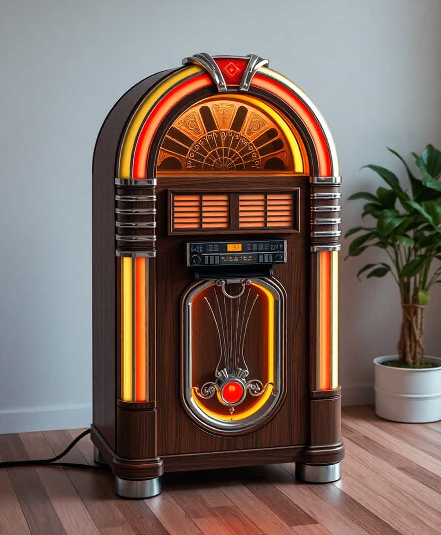concept art of a retro jukebox in wood, with a lot of calm lights art ndeco inpiration, musha art