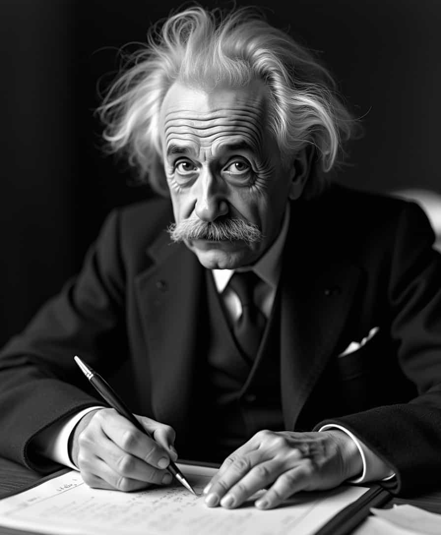 Einstein in his youth, looking thoughtfully at the camera as he writes his famous formula with a quill pen