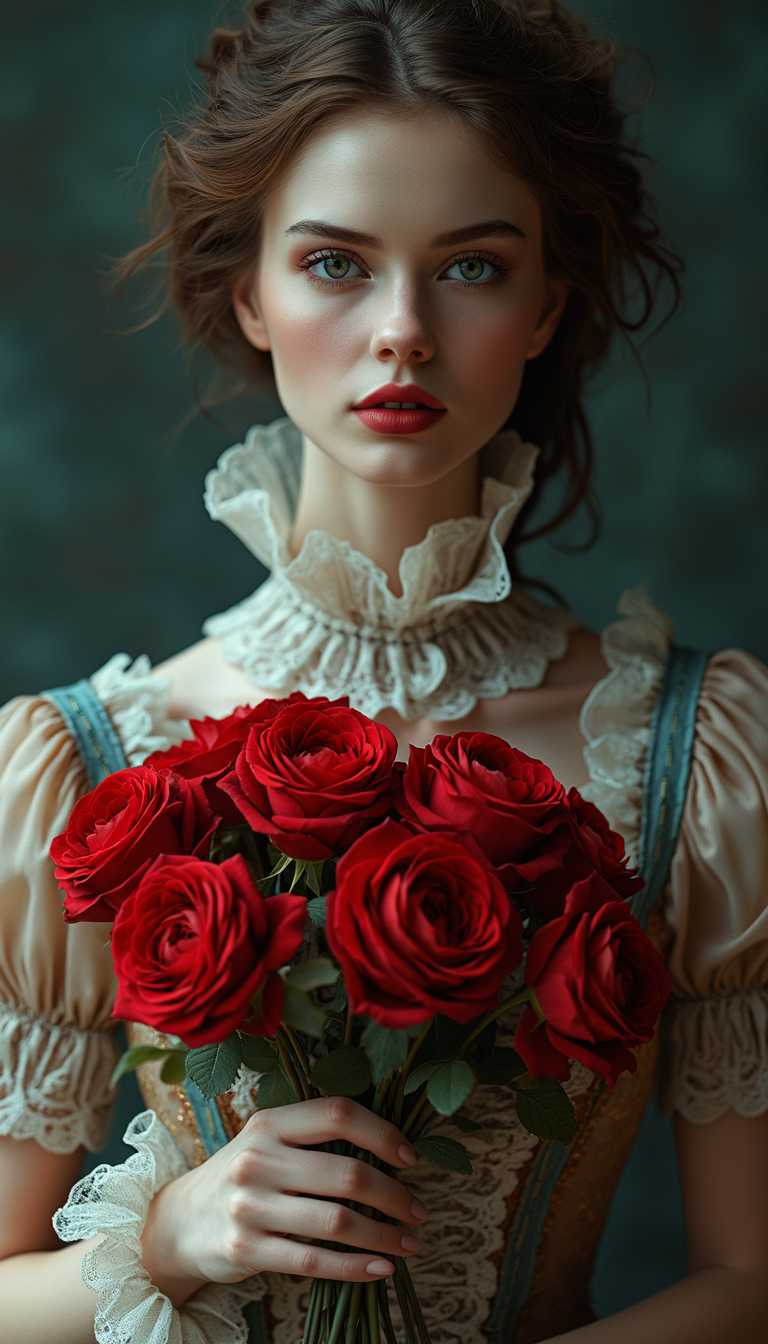A fashion portrayal of a captivating character inspired by the Victorian era, this piece showcases a realistic woman with an elegant demeanor. She holds a stunning bouquet of vibrant red roses, symbolizing both beauty and passion. Dressed in exquisite Victorian attire, her outfit reflects the intricate fashion trends of the time, featuring sumptuous fabrics and delicate lace details. The overall composition captures the essence of the era, blending the allure of a character with the authenticity of a real woman, creating a timeless image that resonates with the elegance of Victorian style.