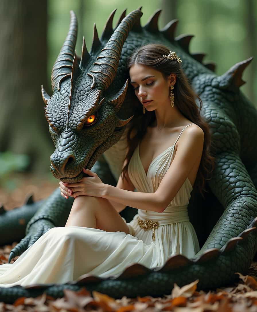 Create an image of a breathtakingly beautiful slim fantasy woman seated gracefully on the ground. She exudes an air of intense femininity and irresistible allure, her pose both elegant and seductive, embodying the essence of fairy tales. Surrounding her is a photorealistic dragon, its massive body hugging her protectively as if shielding her from unseen threats. The dragon's fiery, furious eyes glare with a menacing intensity, warning intruders to stay away, while its scales shimmer with intricate details that reflect the magical atmosphere. The scene should capture the enchanting contrast between the woman’s delicate beauty and the dragon’s fierce strength, emphasizing their bond and mutual protection in a realm where dreams and reality intertwine.