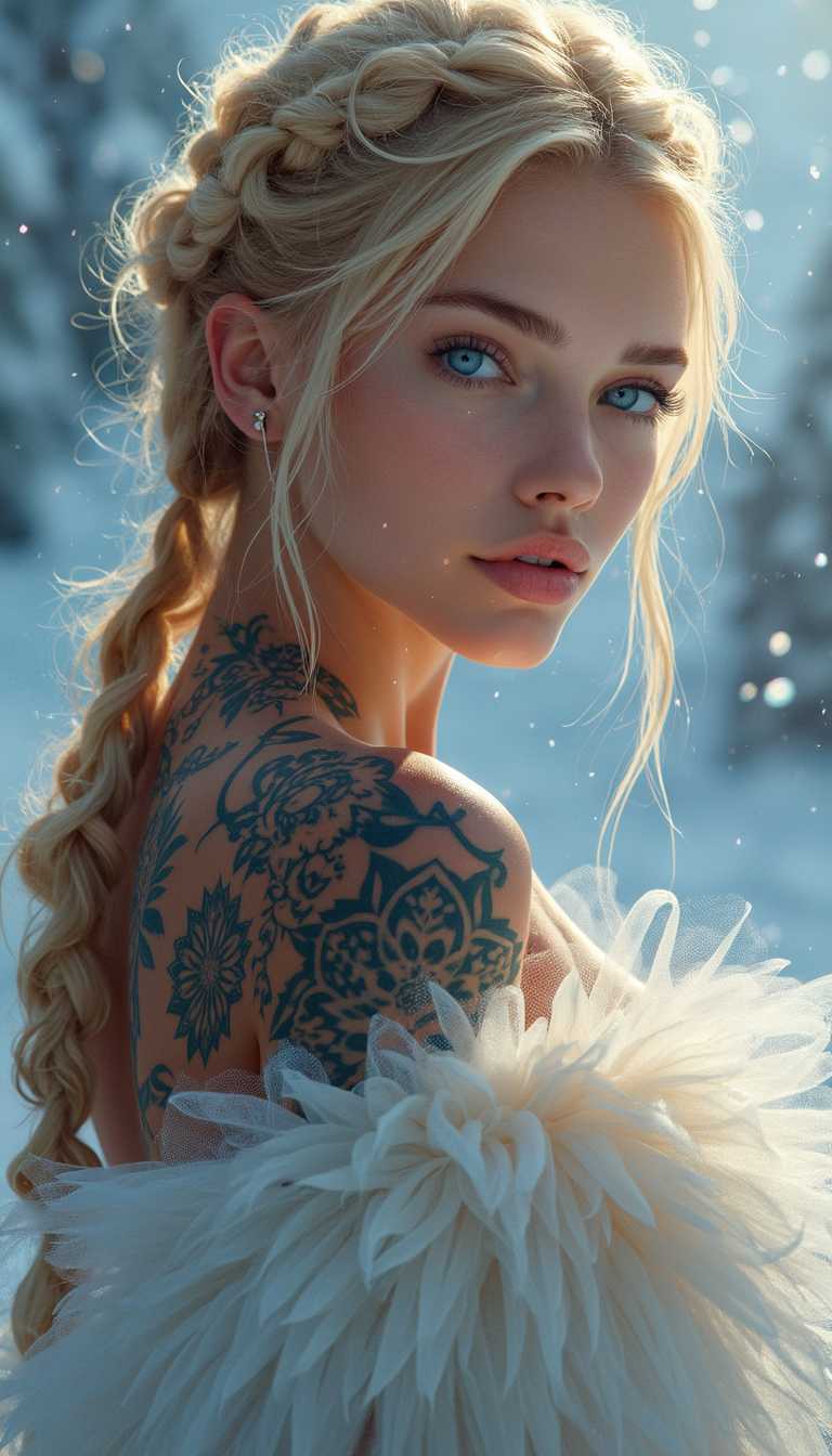 High fine resolution whole-body illustration of a sexy 23-year-old blonde European girl. The artwork is created in a stunning 20k resolution, masterpiece extremely proud ethereal woman with tattoos stands, her presence radiating unwavering strength. Her blonde braids cascade down her back, framing a face full of determination and  resilience. This stunning portrait captures her  piercing blue eyes reflecting the icy landscapes in the mountains, in the deep snow. Dressed in fairy white tulle, her expression testifies to her enchanting feminine spirit. This high-quality painting seamlessly combines power and grace and transports the viewer into the captivating story of a fierce princess of the ice desert. playful body manipulations, divine proportions, smile without a shower, looking into the camera, holographic shimmer, whimsical lighting, enchanted ambience, soft textures, imaginative artwork, ethereal glow, quiet luminescence, whispering silence, dazzling encounter, vibrant background, full body, from head to feet (((rule of thirds))), high quality, high details, high resolution, (Bokeh:2), backlight, Long exposure:2
