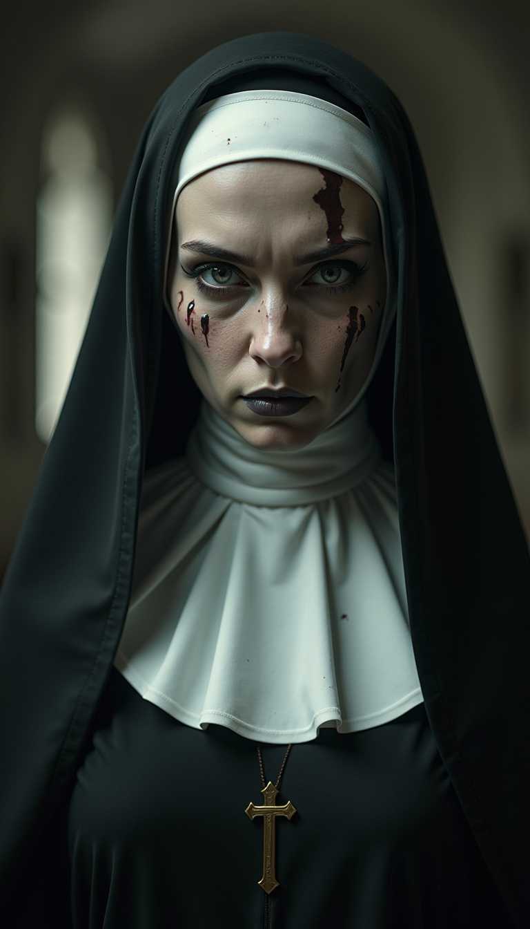 Create a chilling portrait of a horror nun, capturing a dark and eerie atmosphere. The nun should be depicted with a stern expression, her eyes piercing and unsettling. Her traditional habit is tattered and worn, contrasting with the pristine white of her collar. Shadows play across her face, enhancing the sinister vibe. Consider incorporating subtle elements such as a dimly lit background of an abandoned chapel, flickering candlelight, or ghostly apparitions to amplify the sense of dread. The overall color palette should include deep blacks, muted grays, and haunting whites, evoking a sense of unease.