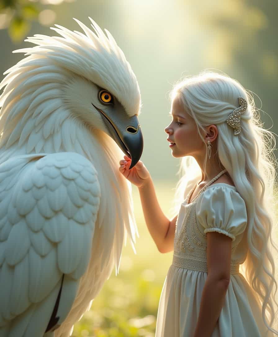 A dreamlike, angelic scene of a young girl with long, silken white hair standing before a majestic white griffin. The griffin’s feathers are soft and luminescent, its golden eyes filled with intelligence and loyalty. The girl wears a flowing white dress with delicate embroidery, and her gentle hand touches the griffin’s face in a moment of trust and companionship. The entire setting is bathed in soft, glowing light, creating an ethereal and heavenly ambiance. The background is blurred and misty, emphasizing the purity and grace of the figures. Ultra-detailed fantasy art, soft lighting, high-resolution textures, magical realism.