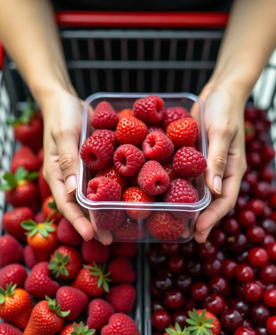 A pair of hands reaching into a supermarket shopping cart to pick up a clear plastic container filled with red berries. The cart is full of various red fruits, including strawberries, raspberries, cherries, and red currants.