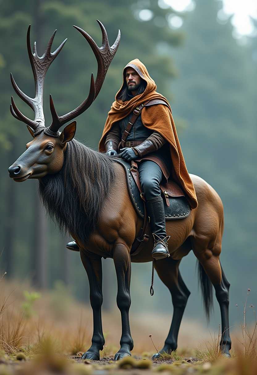 Ultra-realistic, lots of details, high quality, processing, high detail, clarity, very high res, 8k detailed, extremely sharp obsidian crab-stag hybrid that fuses the sturdy, imposing form of a stag with the rugged, armored shell of a deep-sea crab. Its antlers and carapace are etched with intricate, natural patterns and glimmer with hints of metallic sheen. The rider, donning a robust, earth-toned cloak, sits confidently as they command this imposing creature.