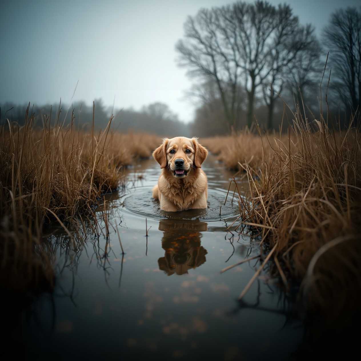 a dog in a bog
