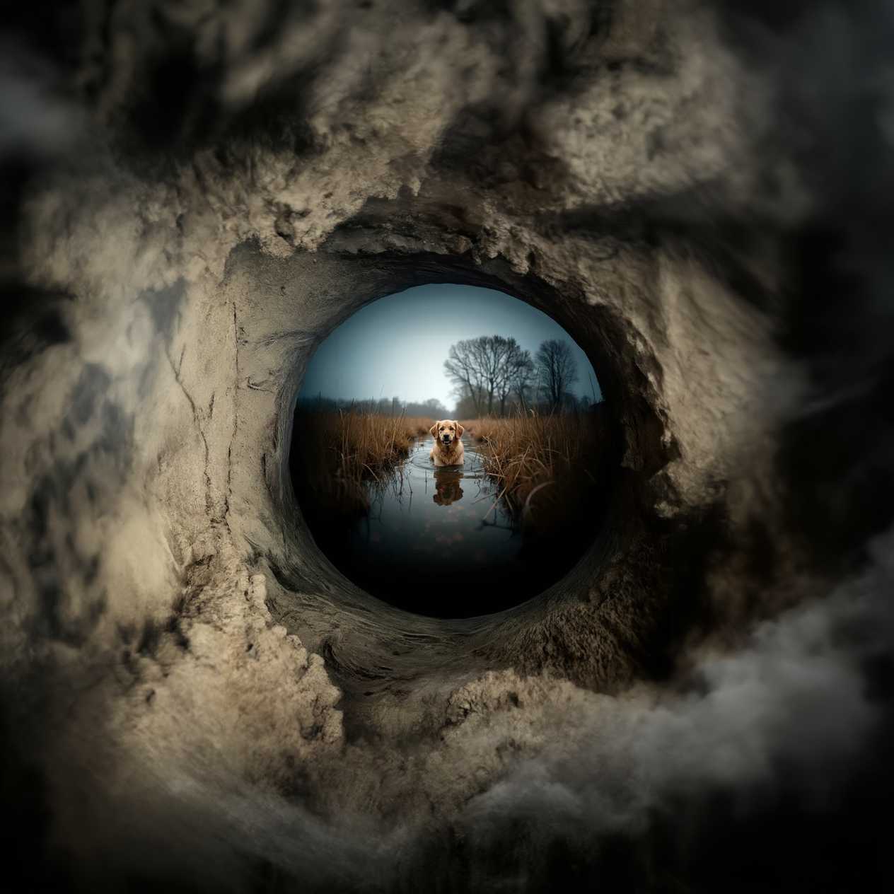 a dog in a bog