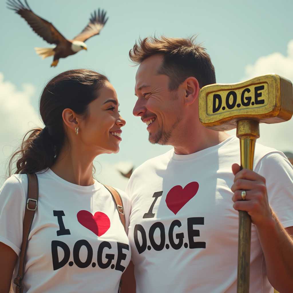 Create an Image with Alexandria Ocasio-Cortez AOC wearing a white shirt that says "I love D.O.G.E". AOC is looking lovingly at Elon Musk. Elon Musk is holding a Golden Hammer that says D.O.G.E on the side in bold letters. Eagles are flying in the background.