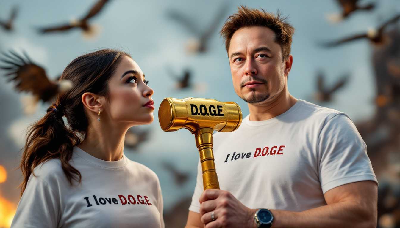 Create an Image with Alexandria Ocasio-Cortez AOC wearing a white shirt that says "I love D.O.G.E". AOC is looking lovingly at Elon Musk. Elon Musk is holding a Golden Hammer that says D.O.G.E on the side in bold letters. Eagles are flying in the background. Elon Musk is looking straight ahead at the viewer with a serious look on his face