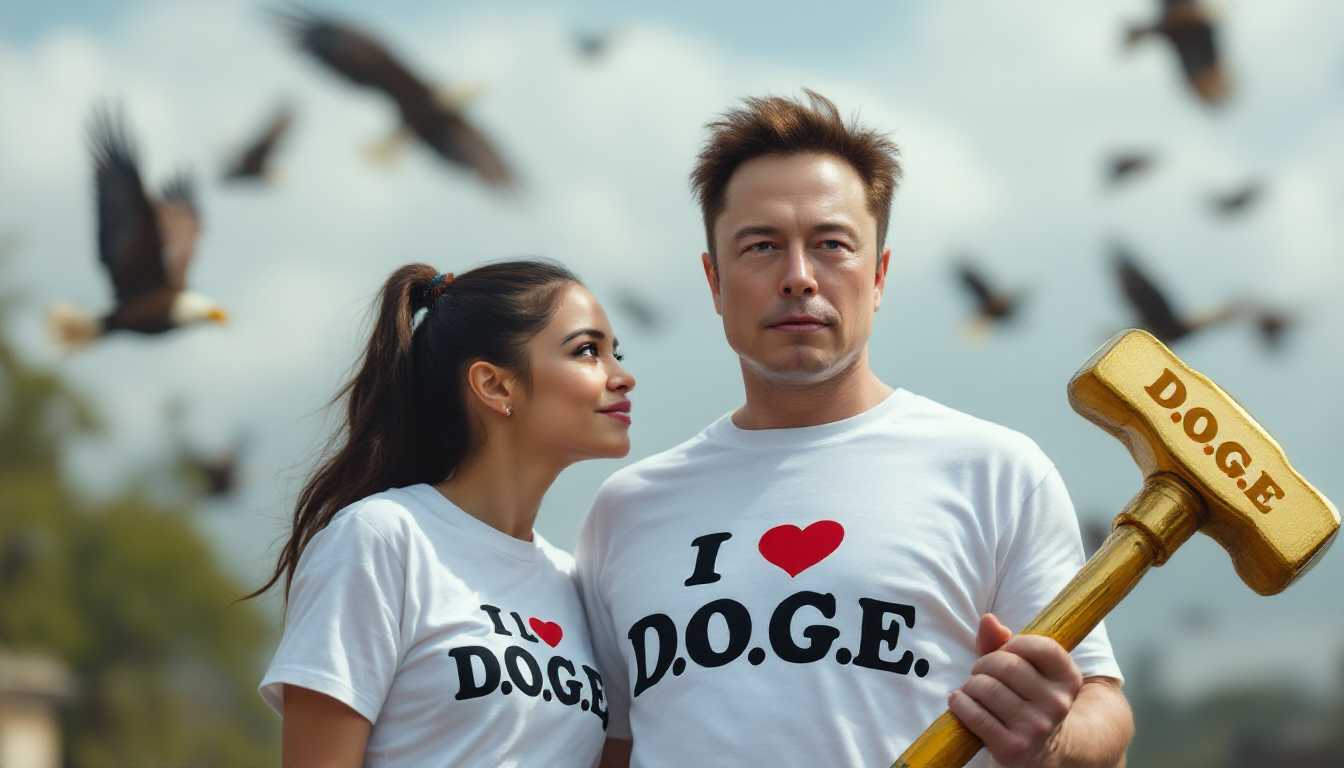 Create an Image with Alexandria Ocasio-Cortez AOC wearing a white shirt that says "I love D.O.G.E". AOC is looking lovingly at Elon Musk. Elon Musk is holding a Golden Hammer that says D.O.G.E on the side in bold letters. Eagles are flying in the background. Elon Musk is looking straight ahead at the viewer with a serious look on his face