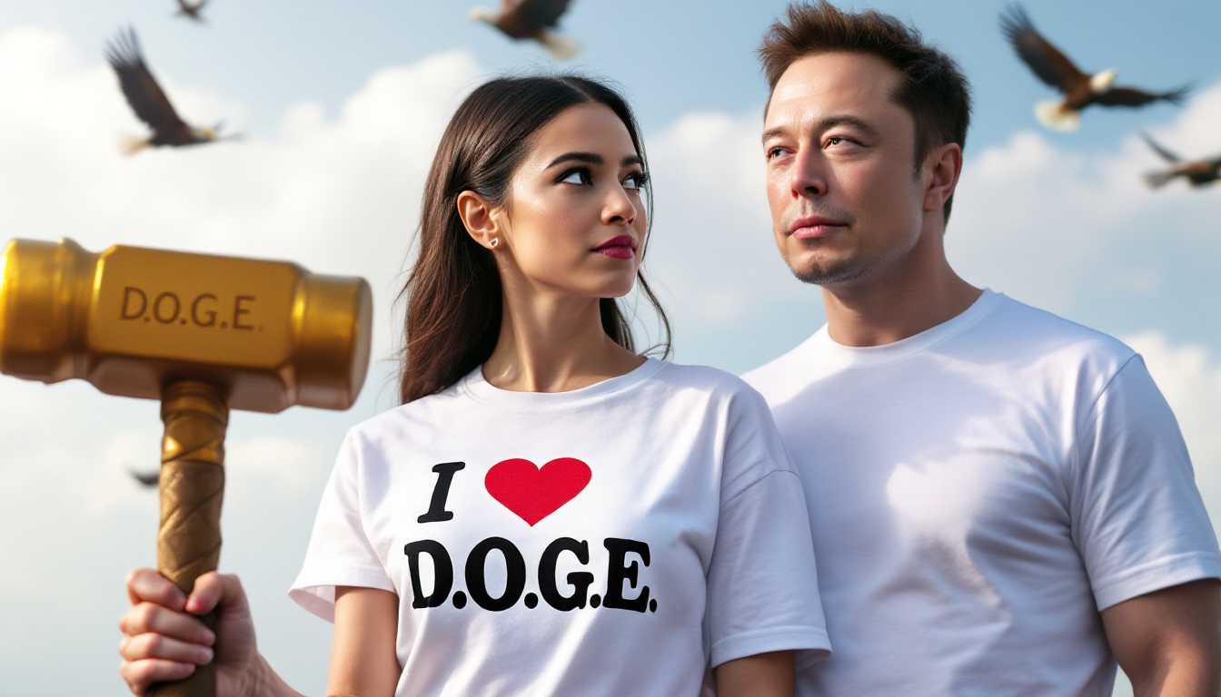 Create an Image with Alexandria Ocasio-Cortez AOC wearing a white shirt that says "I love D.O.G.E". AOC is looking lovingly at Elon Musk. Elon Musk is holding a Golden Hammer that says D.O.G.E on the side in bold letters. Eagles are flying in the background. Elon Musk is looking straight ahead at the viewer with a serious look on his face