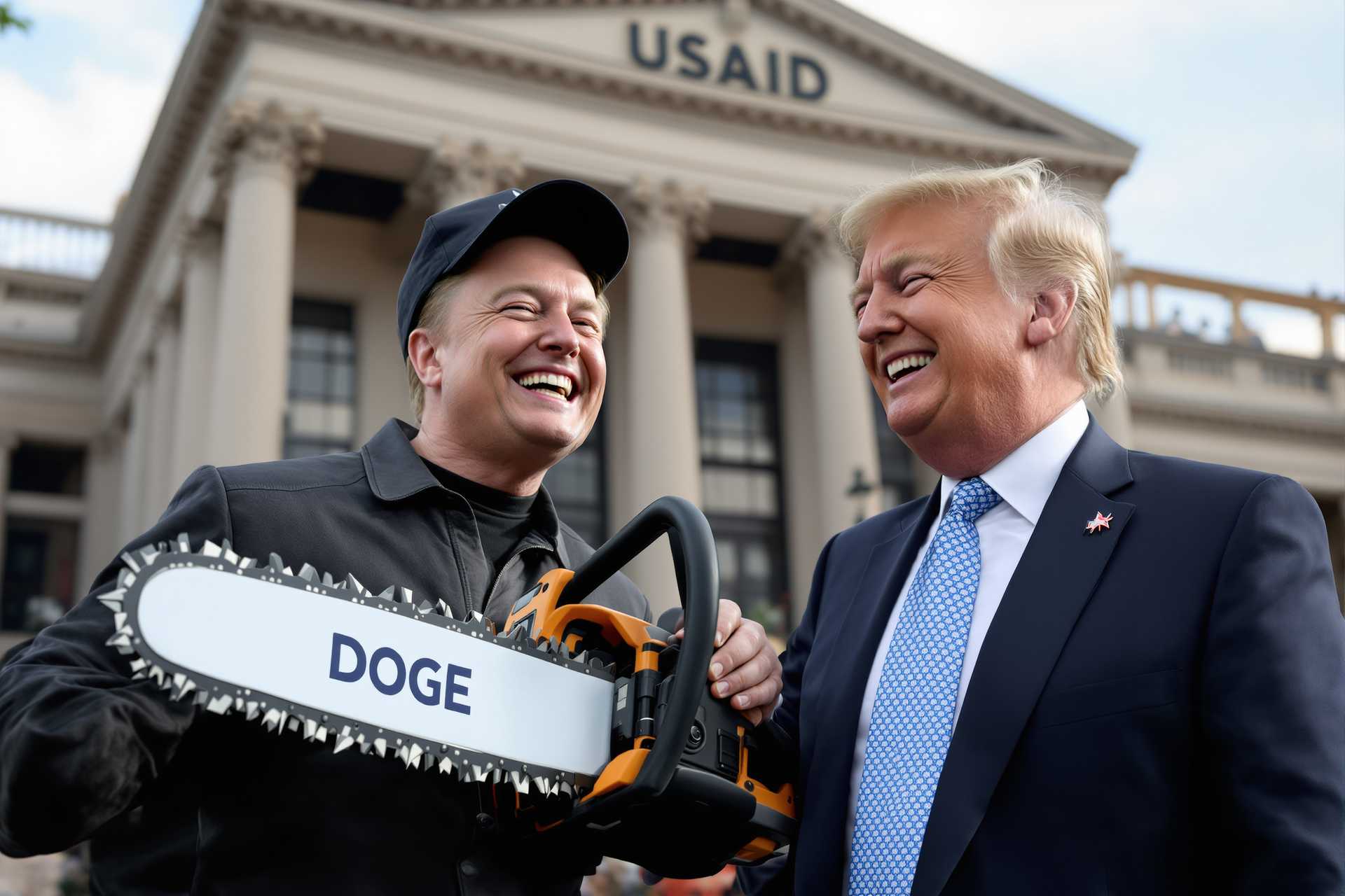 Create an image of Elon Musk holding a chainsaw with the logo "DOGE" and Donald Trump standing next to him, both are laughing joyfulling. Background a building with the name USAID on it