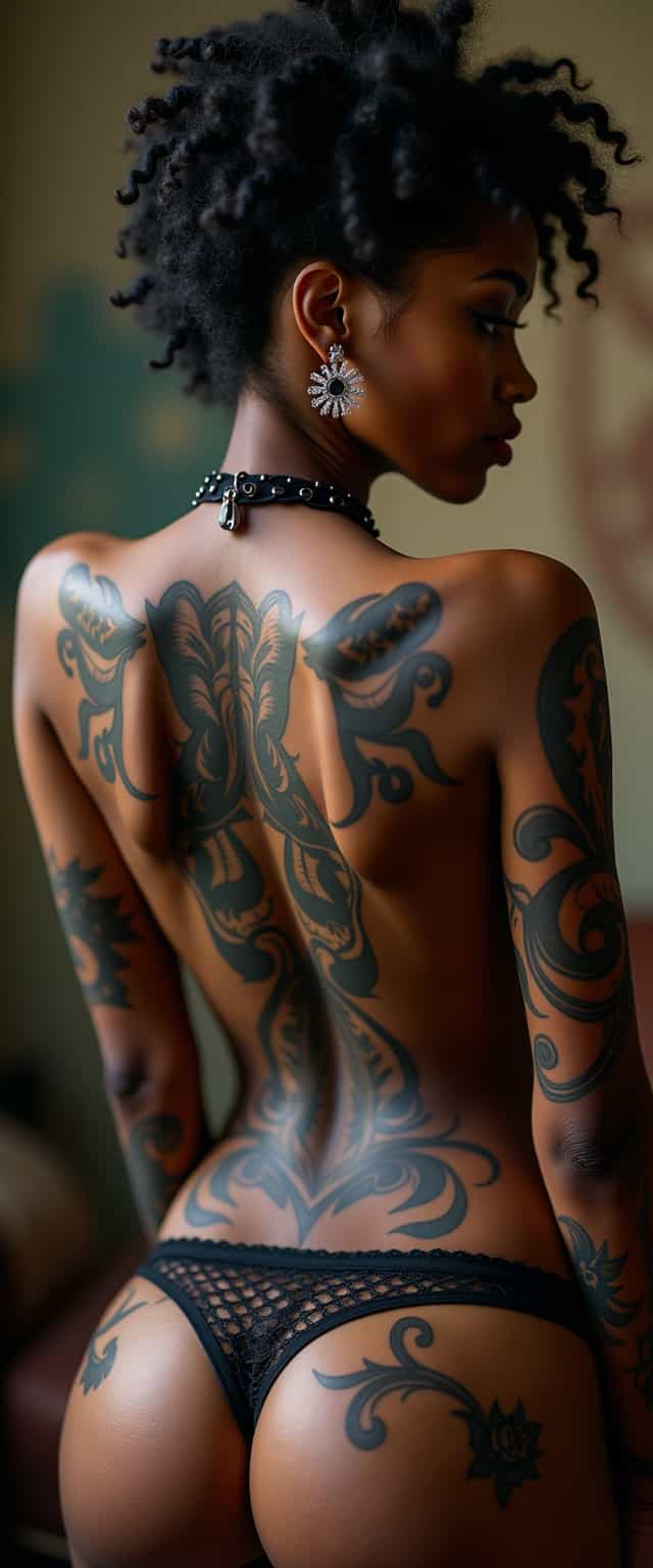 highly detailed, extremely beautiful slim woman, cute, nude, tiny waist, oiled, shiny, low angle, detailed eyes, ((full body tattoos:1.5)), 
(viewed from behind:1.5), (showing back),
(black skin:1.3), (dominatrix:1.3), (tiny breasts:1.3), cleavage, (goth spiky hair:1.3), (brown eyes:1.2),
(smokey eye makeup:1.2),
(medium red lipstick:1.2),
oiled skin, pleasure, cute earrings, collar, perspective, cleavage,
diamond, carnation