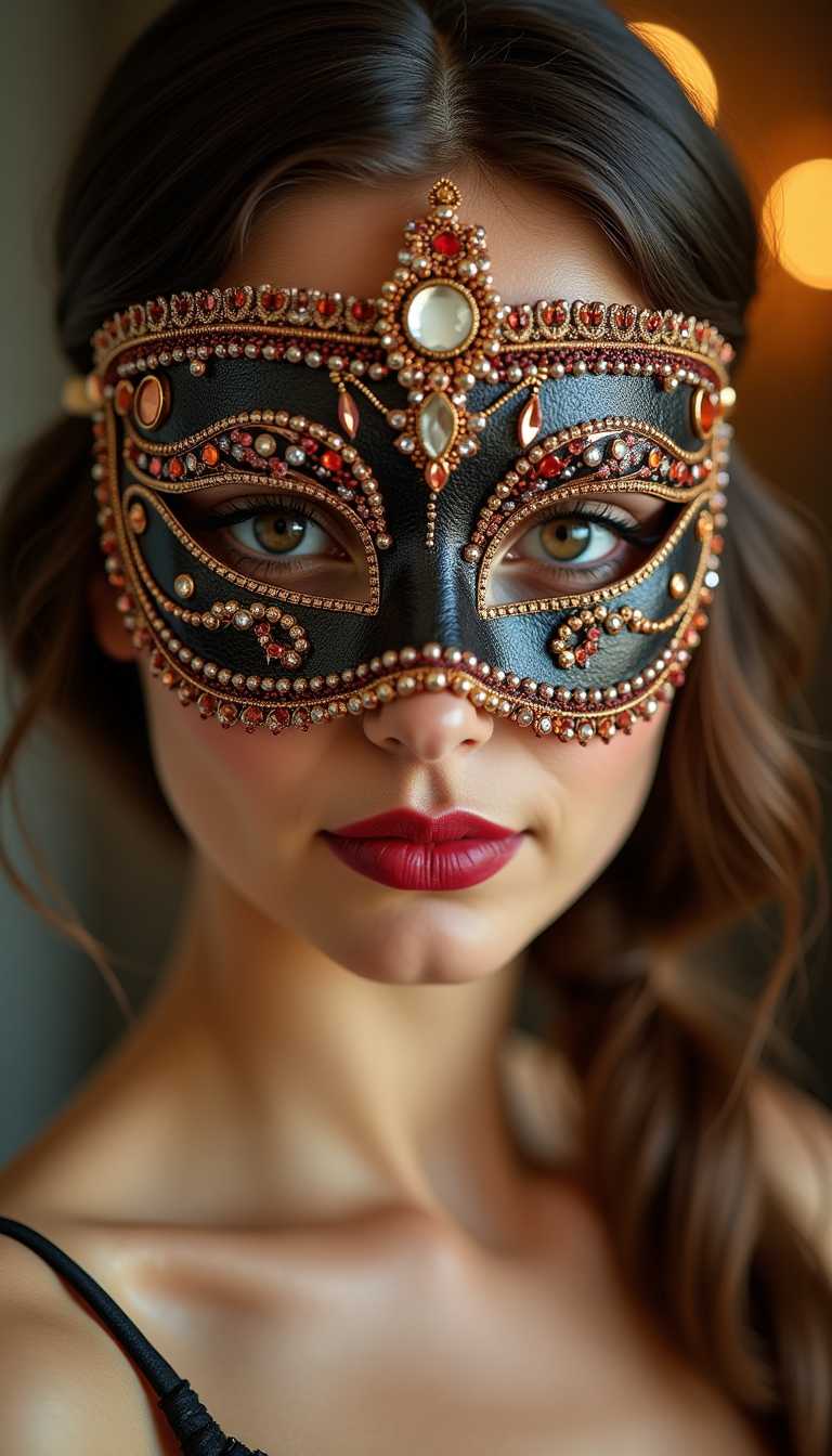 girl in a beautiful mask decorated with beads and stones, in the style of the great gatsby, at a party