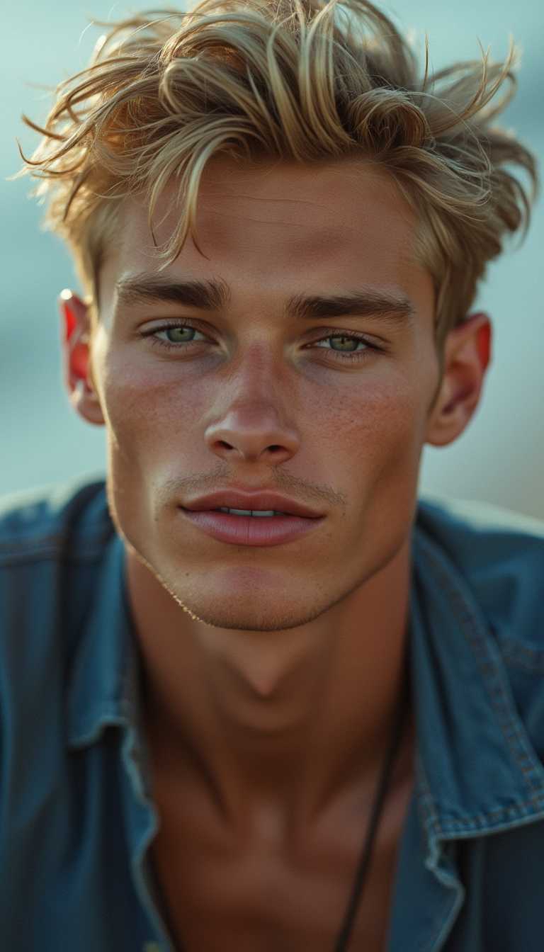 handsome 25 year-old male model, posing, fashion photoshoot, headshot, happy, hyperdetailed photography, skin details, intricate details, blonde hair, green eyes, cleft chin, full lips, high cheekbones, sunburnt