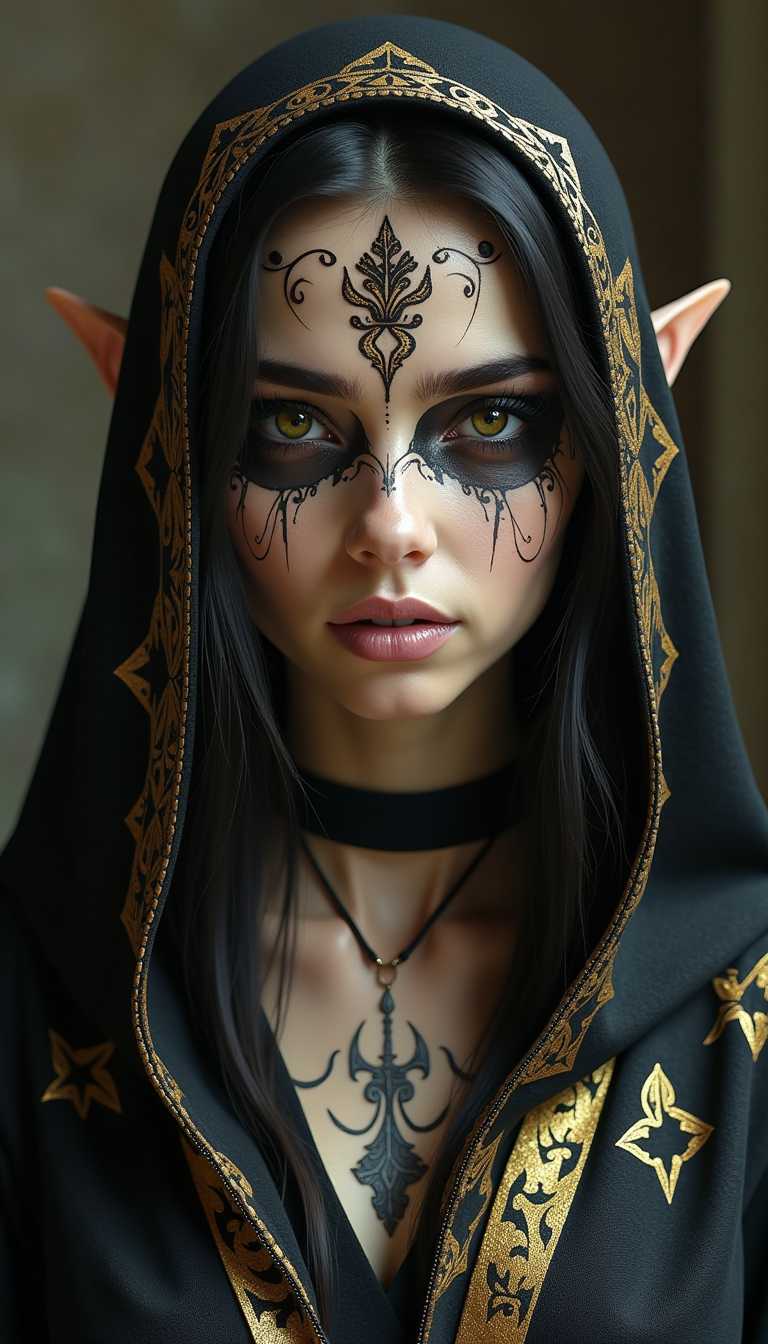 hyperrealism, elven girl, a stunning photo of a gorgeous necromancer female Aerenal Elf, gold and black robes, face warpaint, skull face paint, gorgeous, 8k HD, detailed skin texture, ultra realistic, textured skin,. (maximum ultra high definition image quality and rendering:3), maximum image detail, maximum realistic render, (((ultra realist style))), realist side lighting, , 8K high definition, realist soft lighting, (amazing special effect:3.5)