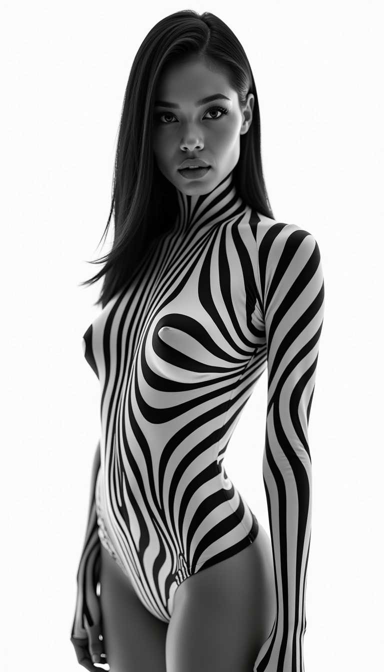A hyper-realistic, high-key black-and-white portrait of a striking female model in a Balenciaga-inspired avant-garde striped bodysuit. The black-and-white patterns create a bold, geometric aesthetic, wrapping around her slender figure in intricate designs. The lighting is intensely bright, diffusing across the scene and softening most of the details, leaving only the sharp outlines of the stripes and her angular, minimalist features prominently visible.
The models expression is stoic and powerful, her sleek, straight hair blending into the starkly luminous background. The setting is pure white, creating a surreal, almost ethereal atmosphere that draws attention entirely to the model and her high-fashion outfit. The overall aesthetic reflects the futuristic minimalism and polished boldness of Balenciagas iconic style.