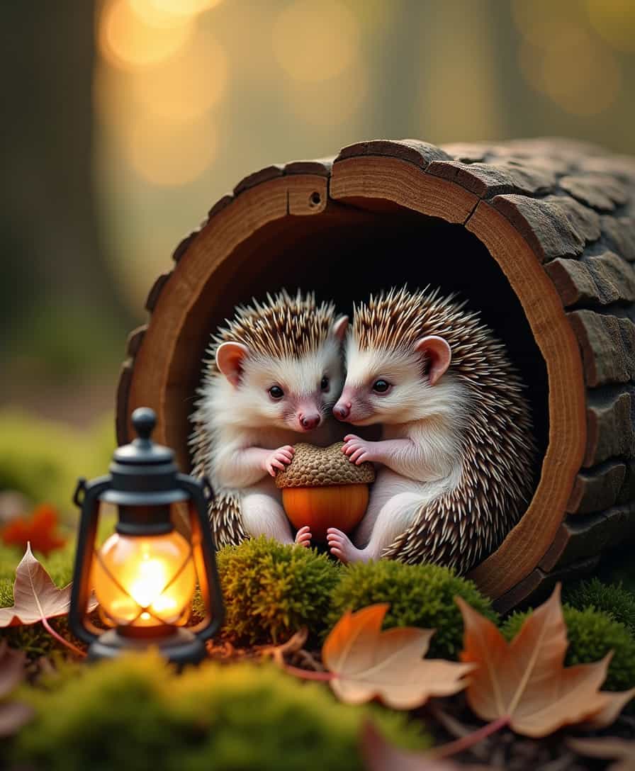 Two tiny hedgehogs curl up inside a hollowed-out log, nestled in a bed of soft, warm moss. One nudges a heart-shaped acorn cap toward the other, their little noses twitching. A flickering lantern nearby casts a golden glow over the scene as the wind rustles through fallen leaves.