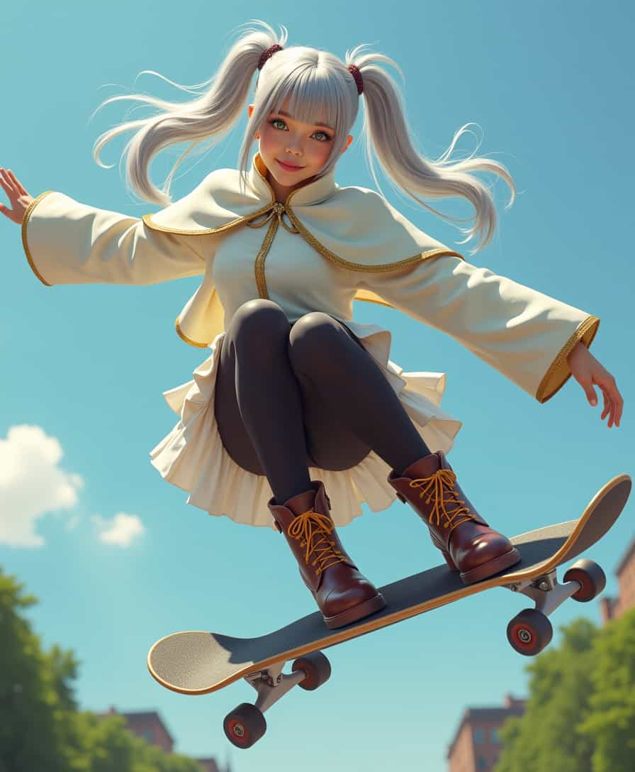 ((photorealistic)) masterpiece, best quality, amazing quality, highres, absurdres, face focus, depth of field, detailed face, detailed eyes, detailed skin texture, (foreshortening:2), (asymmetric pose), (contrapposto), shadow, lighting, focused subject, dynamic angle, perfect eyes, realistic eyes, ((4k, 8k, Ultra HD)), ((Masterpiece :1.2)), ((Best quality :1.2)), ((Detailed :1.5)), ((Detailed background :1.5)), moody lighting, realistic, vibrant colors, black pantyhose, twintails, parted bangs, leather brown boots, gold-trim white capelet, clear sky, blue sky,  floating hair, full body, green eyes, long sleeves, looking at viewer, smug, revealing clothes, sleeve cuffs, solo focus, outdoors,  shiny silver hair, gold-trim white skirt, holding skateboard, dynamic skateboarding pose, body high up in the air, legs up, twisted torso, flexed knee, thigh close-up, body close-up, view from above, from side, Central Park below