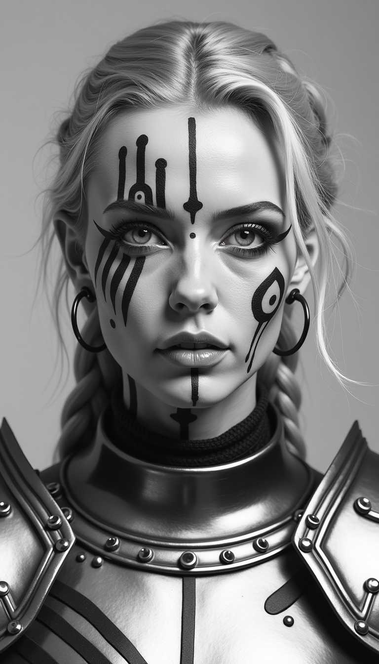This is a high-resolution, black and white photograph of a european female Knight with an otherworldly, futuristic aesthetic. She has a light skin tone with a scattering of freckles across her face and a striking, tribal-inspired body paint or tattoo. The paint covers her face and neck, forming intricate geometric patterns and abstract designs, she IS wearing a silver polished spikey pauldron. Her hair is blonde and braided in a messy, loose style, with a few strands falling around her face. She wears large, circular ear gauges in her ears, which add to the edgy, avant-garde look. The background is a plain, gradient grey, ensuring all focus remains on her face and body art. The texture of the tattoos appears smooth and glossy, blending seamlessly with her skin. Her expression is neutral, with slightly downturned lips and a serene, almost detached demeanor, contributing to the overall eerie, alien-like atmosphere. The photograph is shot with high contrast and sharp focus, emphasizing the stark, geometric patterns.