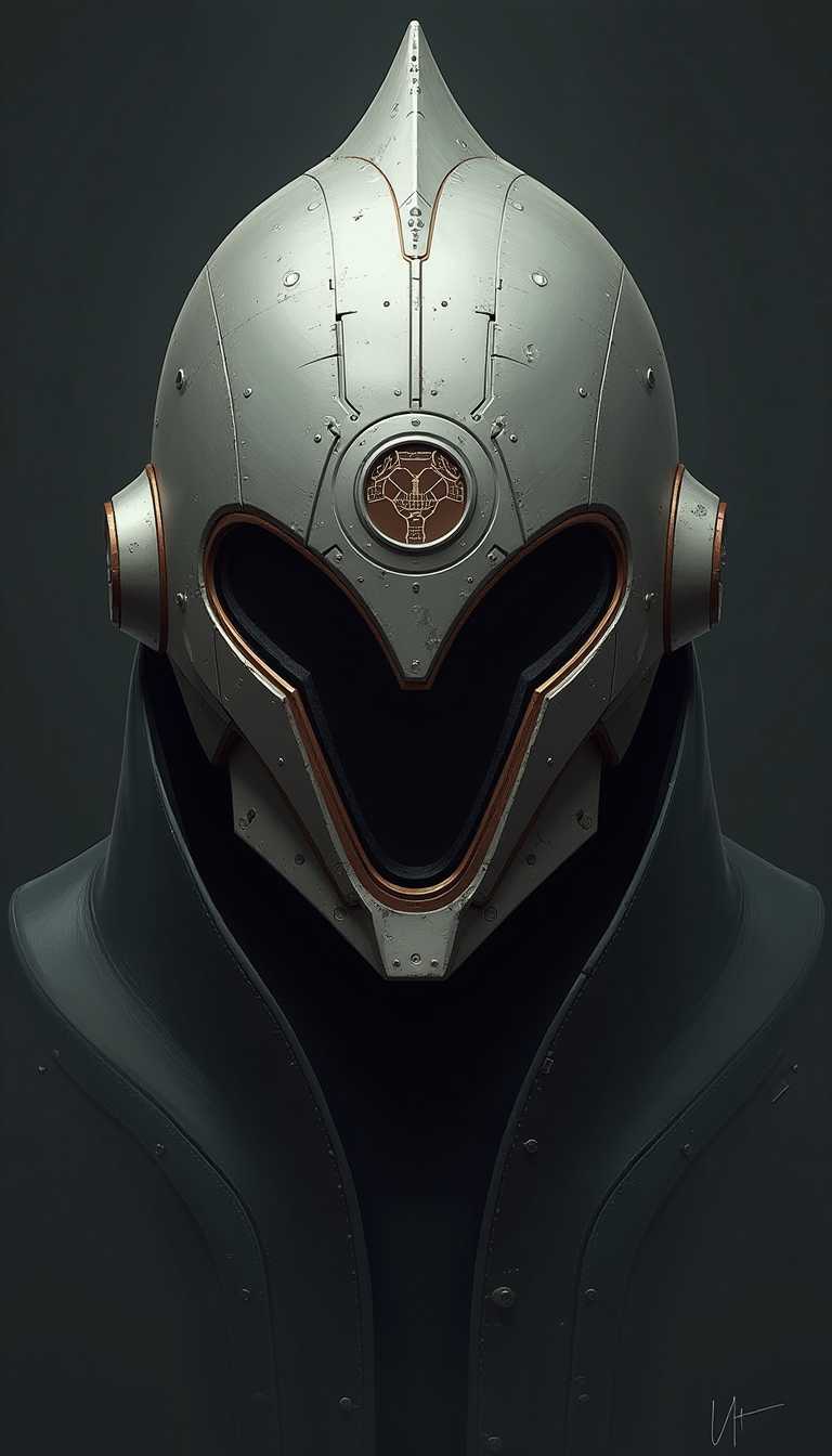 YFG-SRS, YFG-Taal, sharp photo of a digital illustration of a futuristic helmet. The helmet is made of metal and has a metallic sheen. It has a pointed top with a small finial on top. The front of the helmet has a large circular hole in the center, which appears to be a circular emblem. The emblem is made up of small circles and lines, and is surrounded by a dark brown border. The background is a dark grey color, and the overall mood of the image is ominous and ominous.