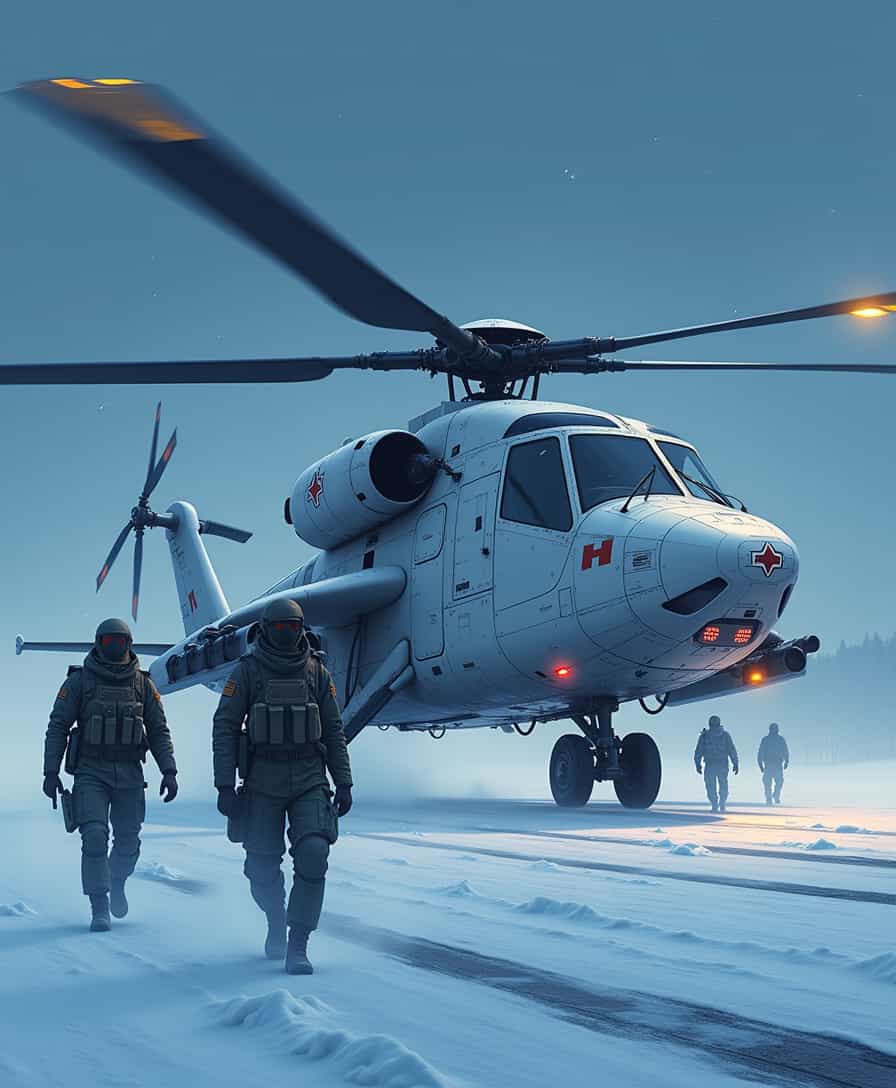 This is a digital artwork in the style of ckgr, highly detailed anime image of a group of soldiers approaching a futuristic, highly advanced attack helicopter on a military runway amid a snowy landscape at night. The hull is white and grey winter camouflage, with small red livery and military insignia details, and the helicopter has large guns mounted on the exterior; the cockpit shows glowing led lights, and has a large air intake, motion blur on the rotor blades (black with yellow highlights)