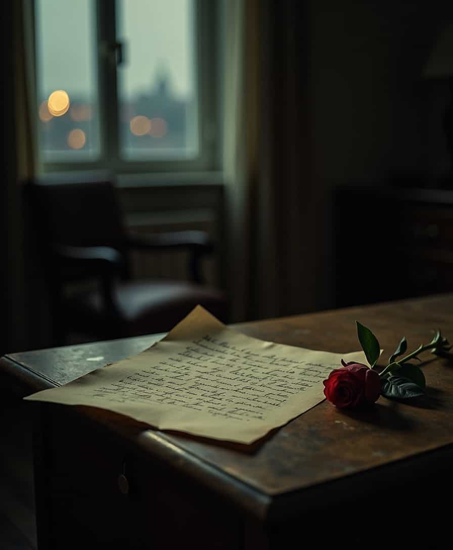 A dimly lit room holds the remnants of a love long gone. On a dusty nightstand, a faded love letter lies unfolded, its ink smudged by time and forgotten tears. An empty chair faces the window, where the soft glow of the city flickers in the distance, distant and indifferent. A wilted rose rests beside the letter, its petals brittle, mirroring the fragility of what once was. The air is thick with melancholic solitude, as if even the walls remember the echoes of whispered goodbyes.

