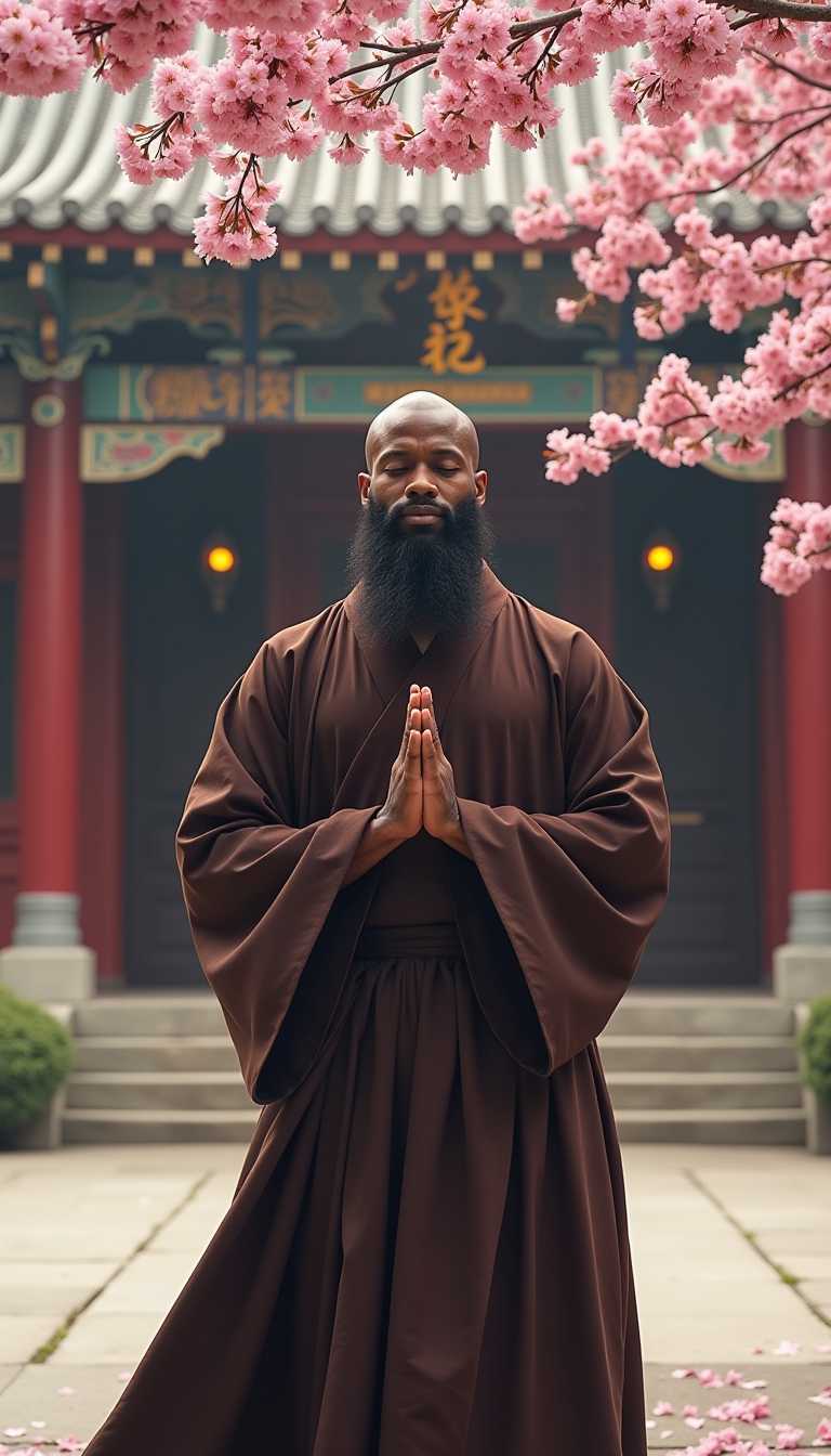 Attractive 25-year-old black guy, a serene shaolin monk standing in the center of a tranquil temple square. The monk's traditional robes and long, flowing beard exude a sense of wisdom and inner peace. His eyes are closed, and his hands are clasped together in a gesture of meditation. The pose is dynamic yet balanced, conveying a sense of harmony between body and mind. The background features a beautiful, historic temple facade with intricate carvings and a delicate roof. In the foreground, a stunning pink cherry blossom tree blooms, its delicate petals a vibrant splash of color against the monochromatic surroundings. The tree is the focal point, drawing the viewer's eye away from the monk's subtle yet powerful presence. The lighting is soft and ethereal, with a warm, golden glow emanating from within the temple. The overall atmosphere is one of stillness and contemplation. 8k highest resolution with sharp intricate details. Hyperrealistic, detailed, and vivid, realism, eroticism, sexual tension, bottom shot,, aidmafluxpro1.1


