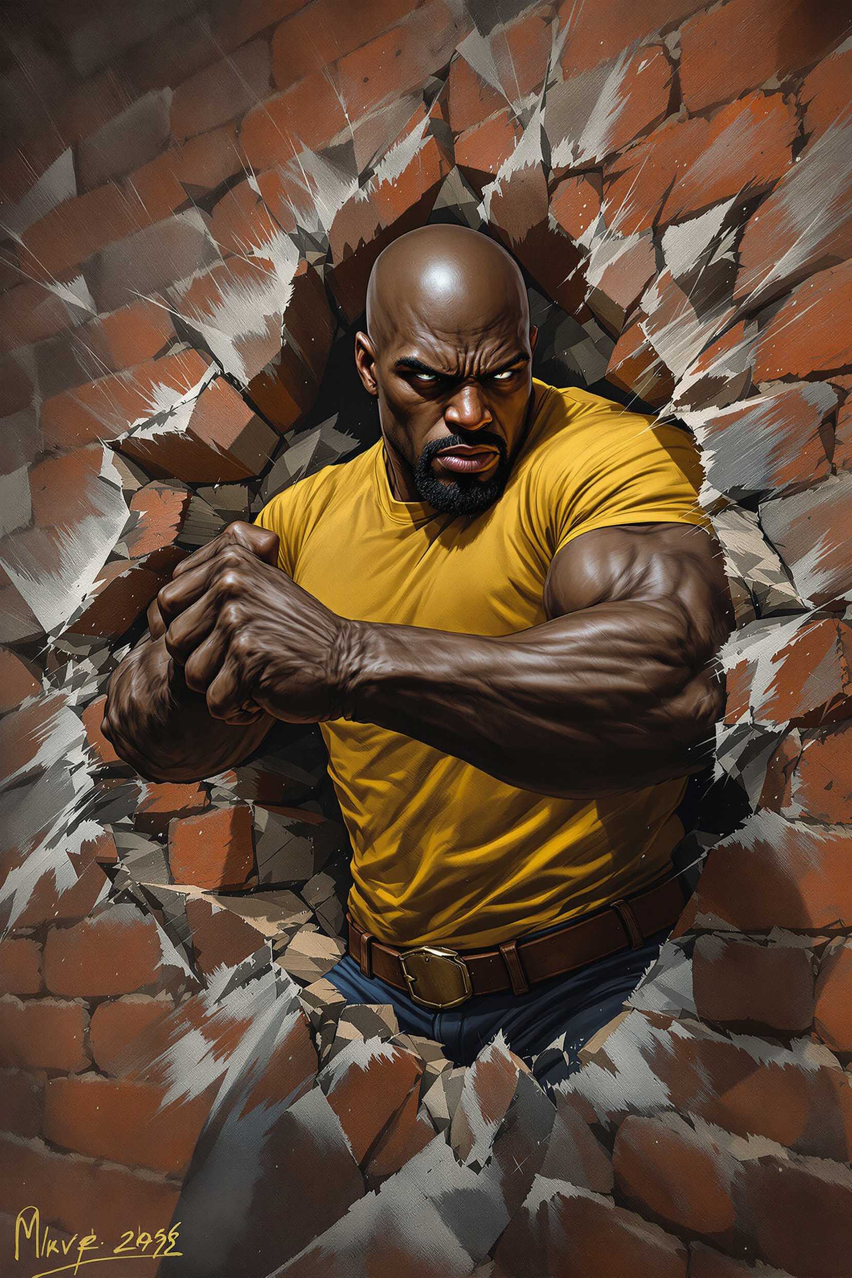digital oil painting: marvel iconic luke cage screengrab; close up of muscular blackman punching through a brick wall, he is bald, wears a yellow t shirt, a brown belt, and blue jeans. ultra realistic, Dynamic view