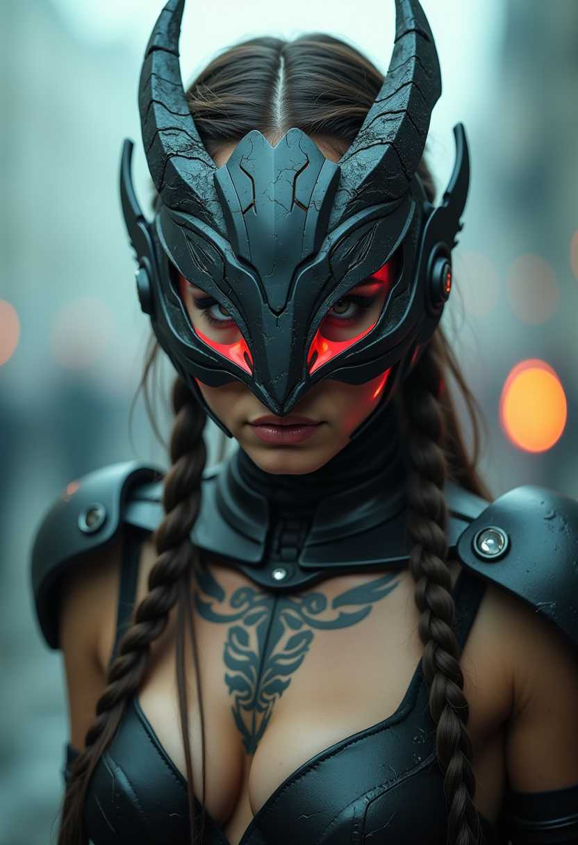 Analog movie still, dynamic angle. A fierce dystopian female survivor in armor, wearing a cyberpunk-styled high-tech mask featuring a sharp, sleek cyborg dragon head with neon accents. Braided hair, striking eyes, tattoos. Scratched metal textures, intricate details, cyberware and chrome implants. Background is dystopian world. Moody and noisy, fog and smoke, cinematic lighting, bokeh.


