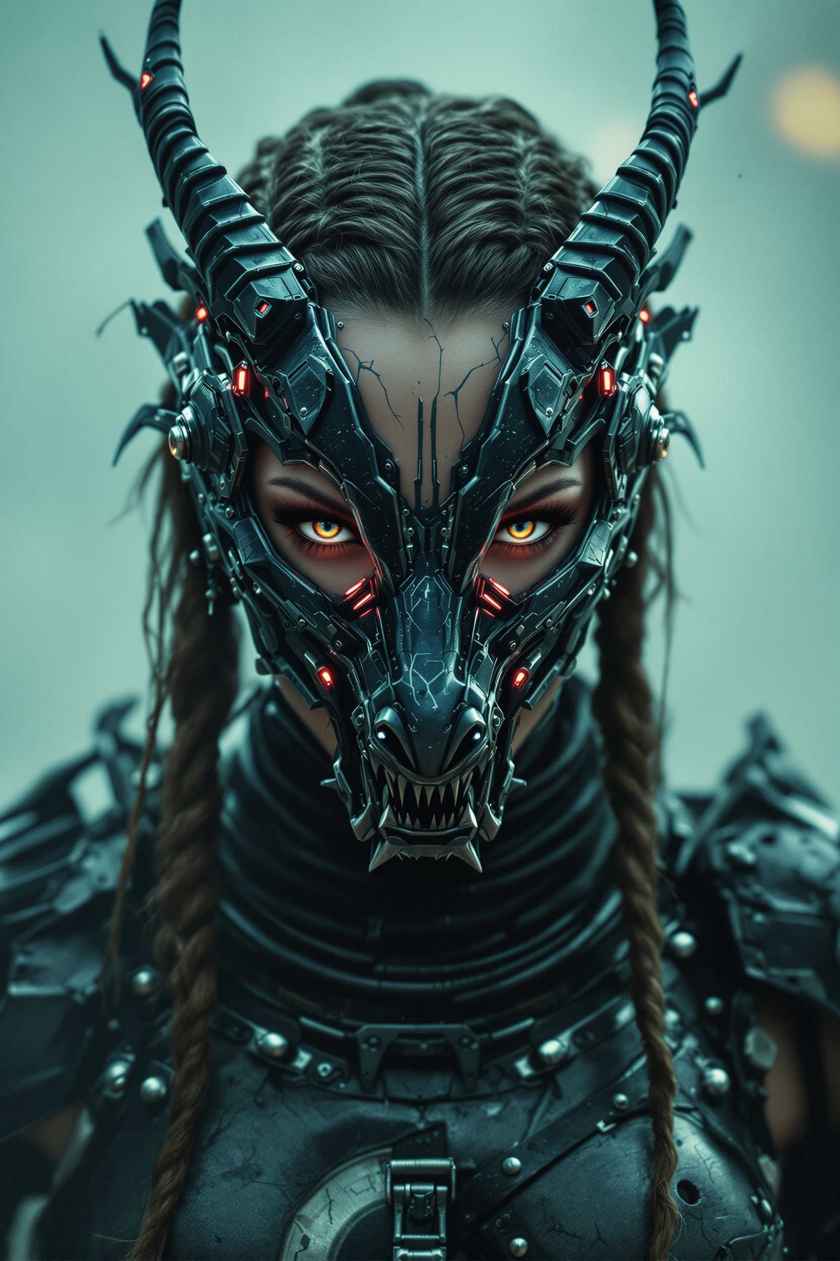 Analog movie still, dynamic angle. A fierce dystopian female survivor in armor, wearing a cyberpunk-styled high-tech mask featuring a sharp, sleek cyborg dragon head with neon accents. Braided hair, striking eyes, tattoos. Scratched metal textures, intricate details, cyberware and chrome implants. Background is dystopian world. Moody and noisy, fog and smoke, cinematic lighting, bokeh.


