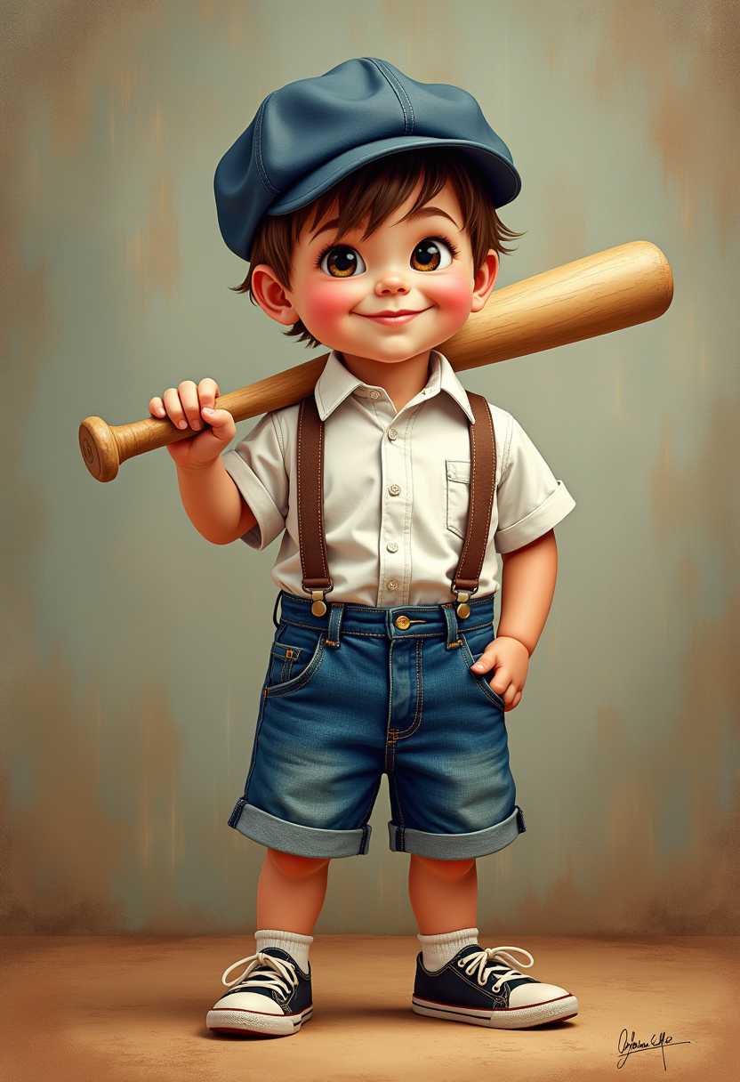 High Quality Image, a mischievous 3 yr-old boy. The child leans towards the center, sporting a sly smile. He wears a newsboy hat tilted to the side, suspenders and denim shorts. In one hand, he confidently holds a baseball bat, poised to launch a rock. The background showcases a blurred, muted baseball seam wall, rendered in a metallic oil ink and  acrylics style. A playful yet adventurous tone.