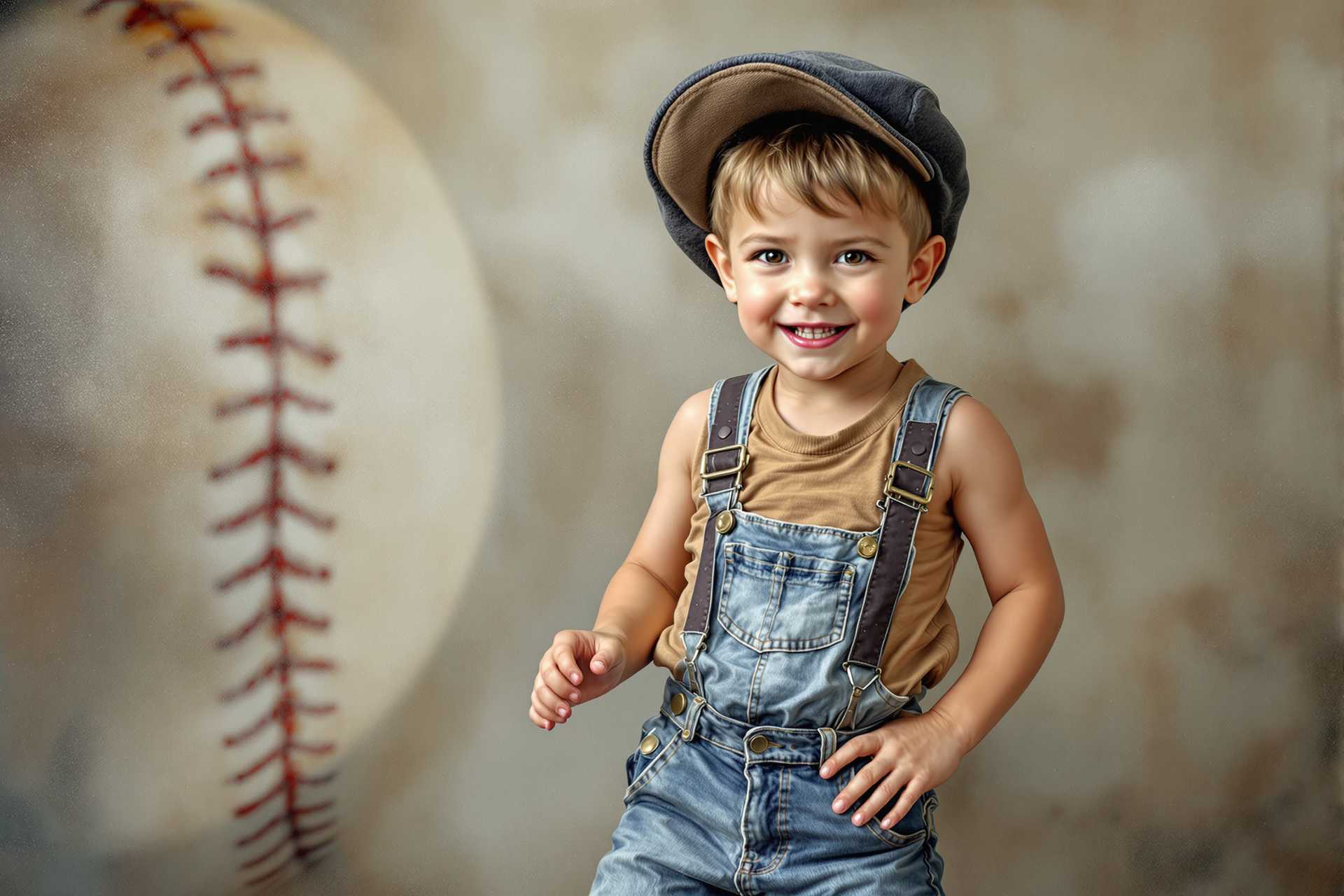 High Quality Image, a mischievous 3 yr-old boy. The child leans towards the center, sporting a sly smile. He wears a newsboy hat tilted to the side, suspenders and denim shorts. In one hand, he confidently holds a baseball bat, poised to launch a rock. The background showcases a blurred, muted baseball seam wall, rendered in a metallic oil ink and  acrylics style. A playful yet adventurous tone.