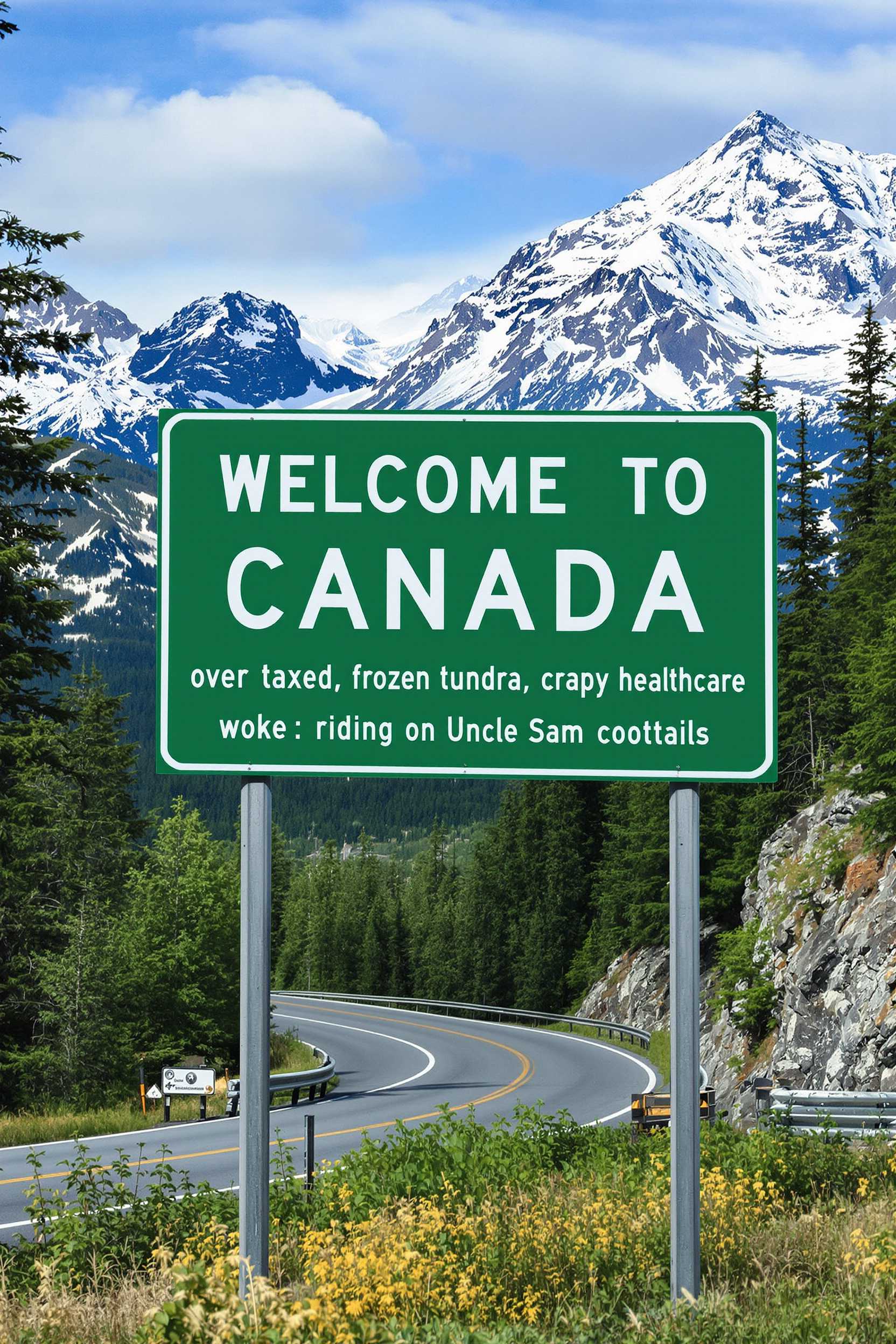 Create a green Canada highway sign that reads "WELCOME TO CANADA, over taxed, frozen tundra, crapy healthcare, woke, riding on Uncle Sam's coattails" background a winding road into a mountain landscape