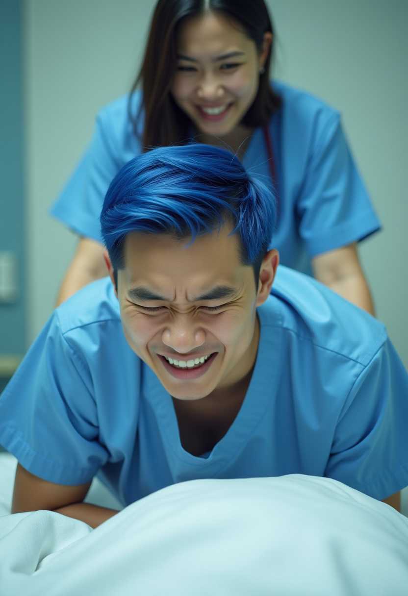 The asian young man wiith blue short comma hair, wearing blue hospital dress. he is bending over on hospital bed. His face looks painful, shut eyes, grid teeth. Behind the man is a beautiful asian nurse. The nurse's face is very fierce. The nurse is injecting the man's rear. Background hospital room. front view